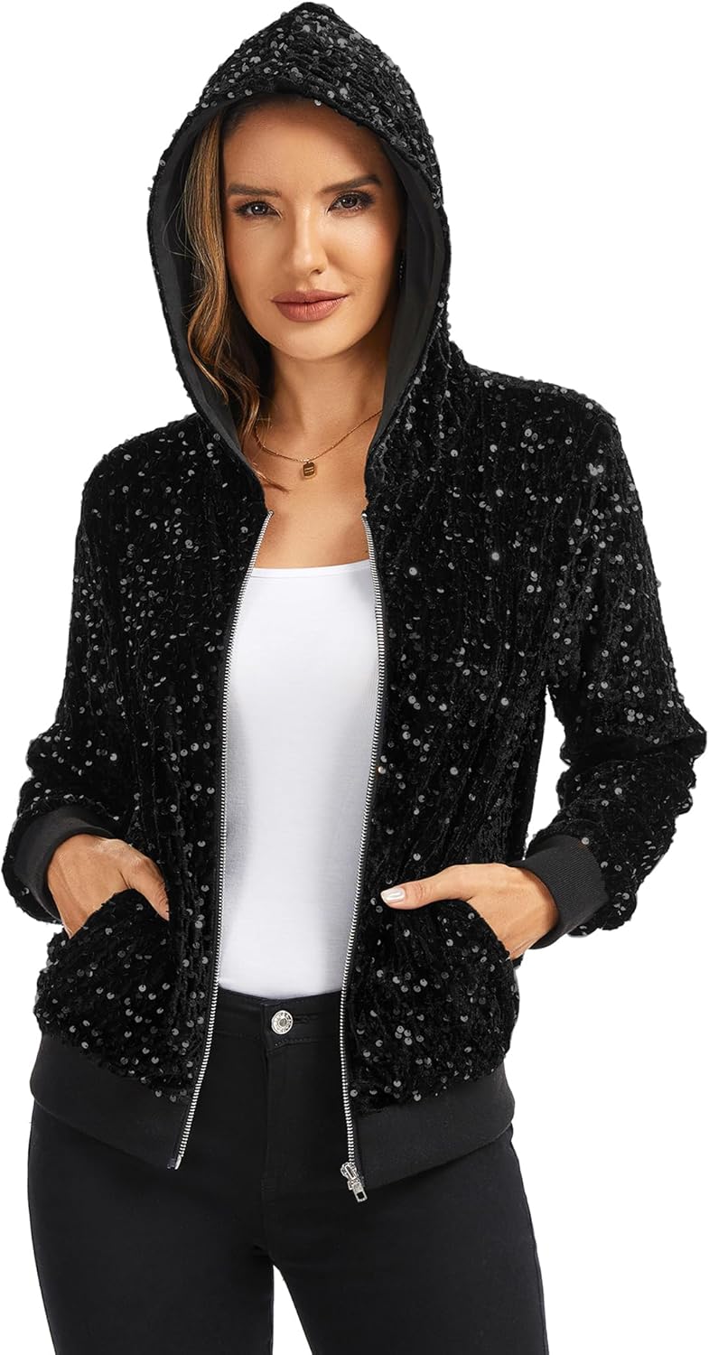 Anna-Kaci Women's Sparkly Hooded Sequin Jacket Zip Up Glitter Bomber Jacket Party Concert with Pockets