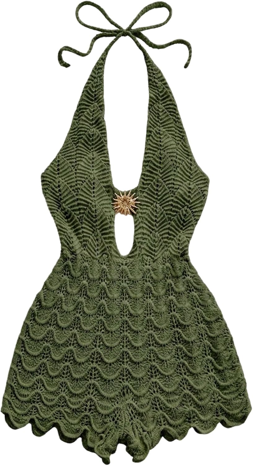 GORGLITTER Women's Crochet Rompers Sexy Deep V Halter Short Rompers Summer One Piece Jumpsuits Backless Shapewear