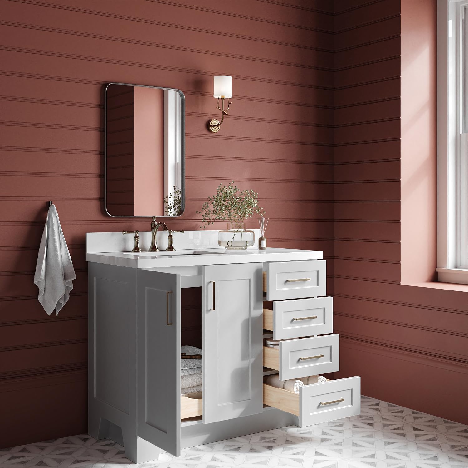 ARIEL Taylor 42-inch Bathroom Vanity with Sink,Solid Wood, 1.5-inch Pure White Quartz Countertop & Backsplash, Single Rectangular Porcelain Sink, 2 Soft Closing Doors, 5 Dovetail Drawers, Grey