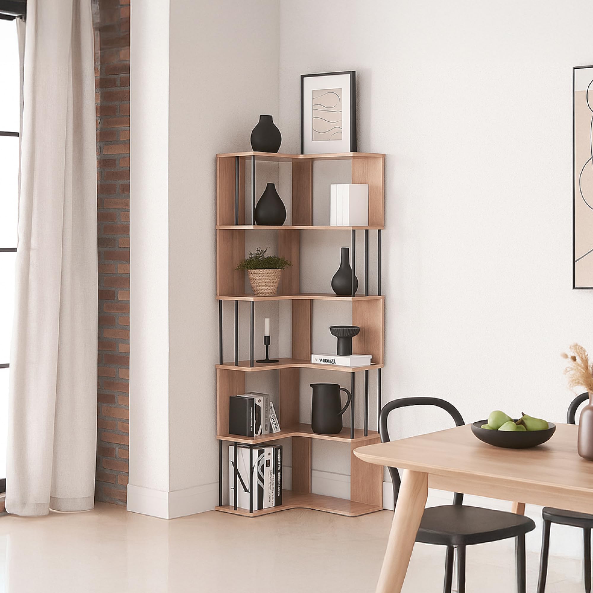 [en.casa] Eckregal Afrel Bücherregal mit 5 Ebenen 160 x 54 x 54 cm offenes Regal Standregal für Wohnzimmer Büro Schlafzimmer Eicheoptik