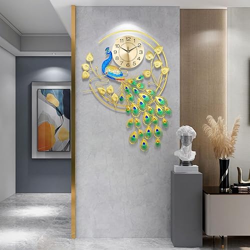Miniatura 9 de Reloj de pared grande de pavo real silencioso sin tictac, reloj de pavo real creativo 3D de lujo de mediados de siglo, relojes de pared de pavo real