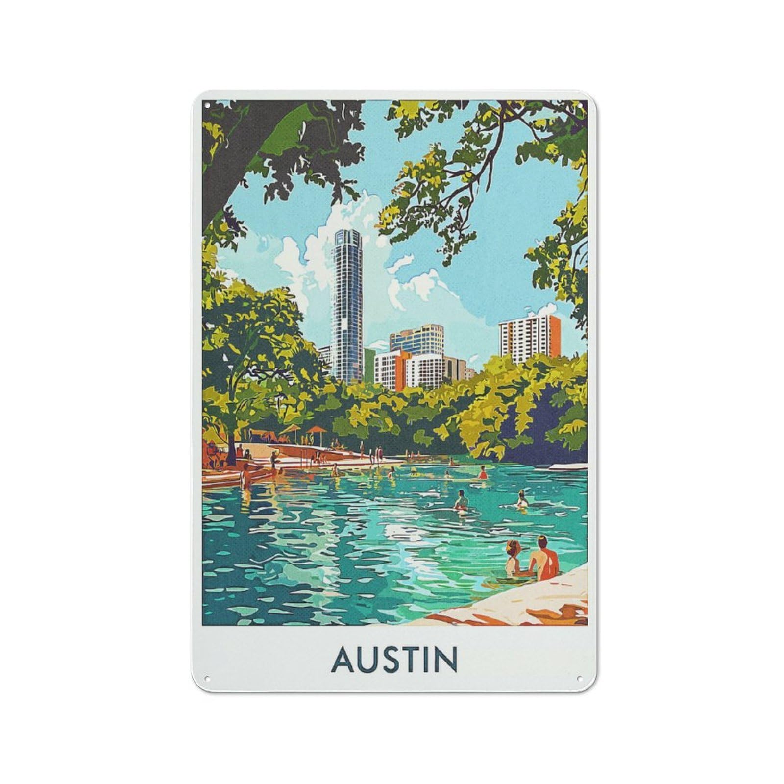 Junmoney Style-24 Austin Cityscape With Pool Outdoor Room Metal Wall Decor 30X20cm, Rustic Tin Sign For Shed, Garden Room, Porch Or Garage