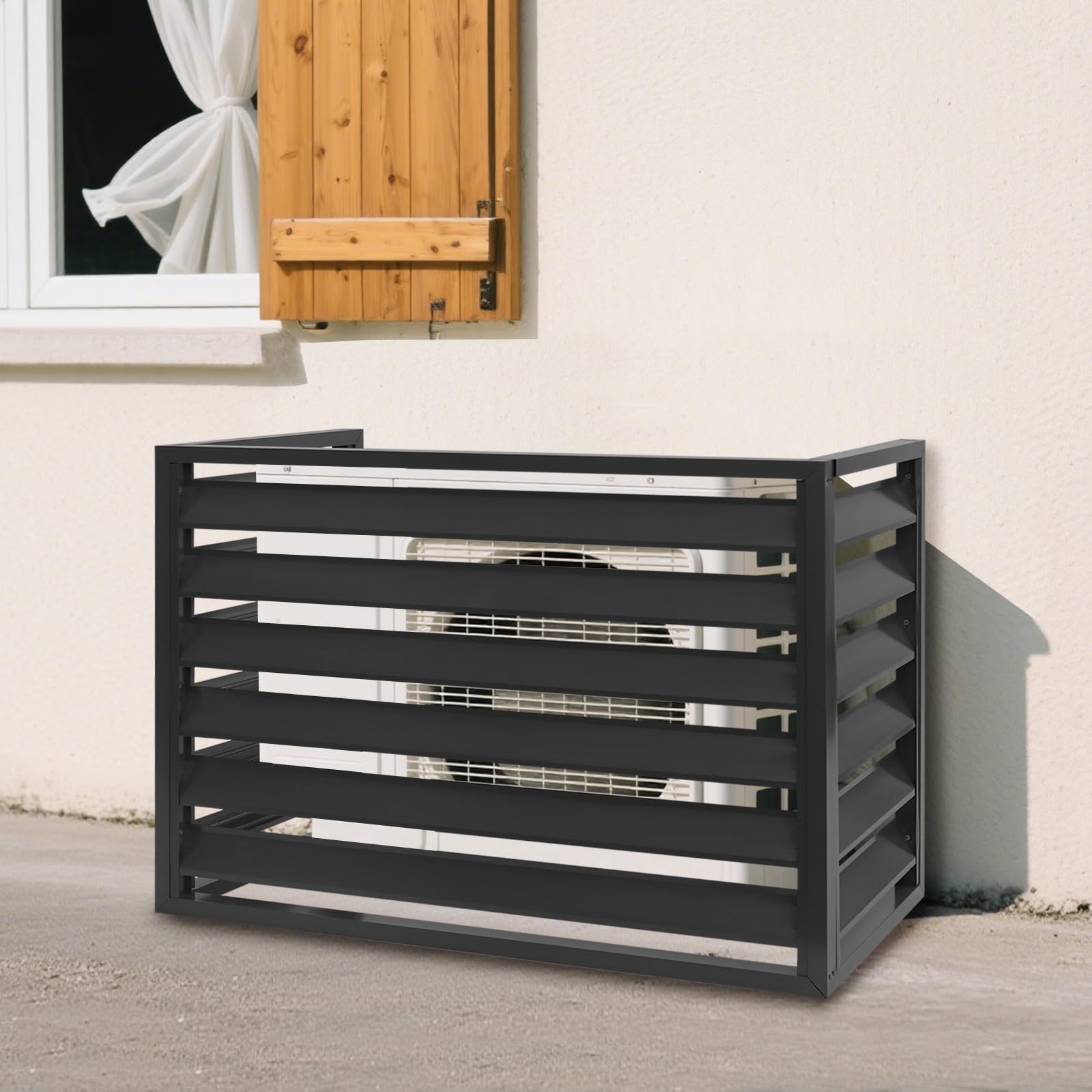 Osłona klimatyzacji ze stopu aluminium, kratka ochronna do klimatyzatorów i pomp ciepła, montaż na ścianie, ochrona dużej jednostki zewnętrznej, 100 x 50 x 70 cm (czarna)