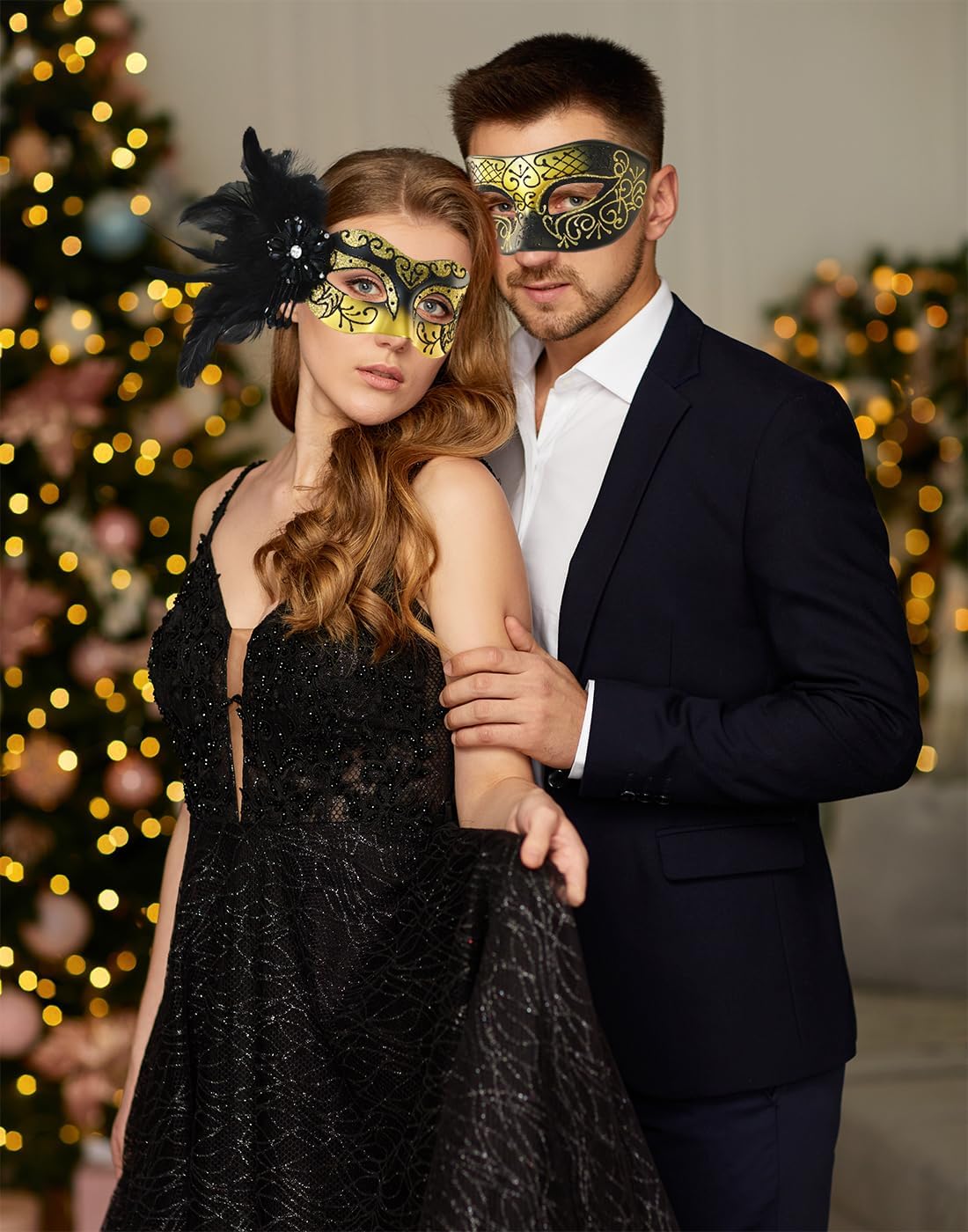 Glod Masquerade Mask for Couples - Women's Mask with Feathers & Venetian Masks for Men - Party, Mardi Gras, Halloween, Cosplay, Prom, Christmas - Image 5