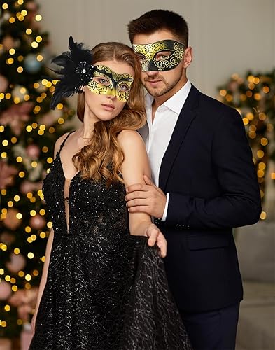 Miniatura 5 de Glod - Máscara de mascarada para parejas, máscara de mujer con plumas y máscaras venecianas para hombres, fiesta, Mardi Gras, Halloween, cosplay,