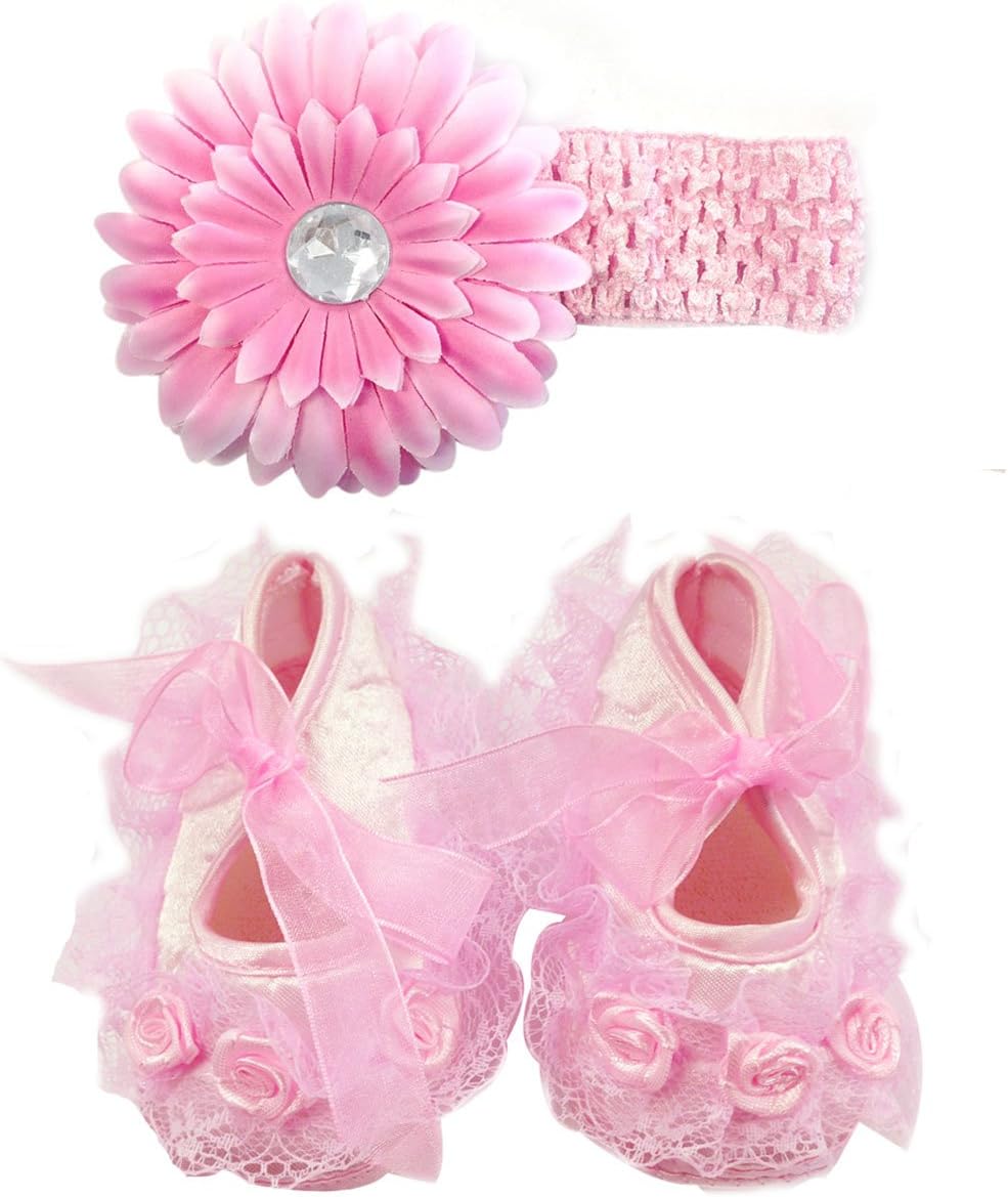 Wrapables Floral and Lace Keepsake Shoes and Headband Set, Pink Size 11