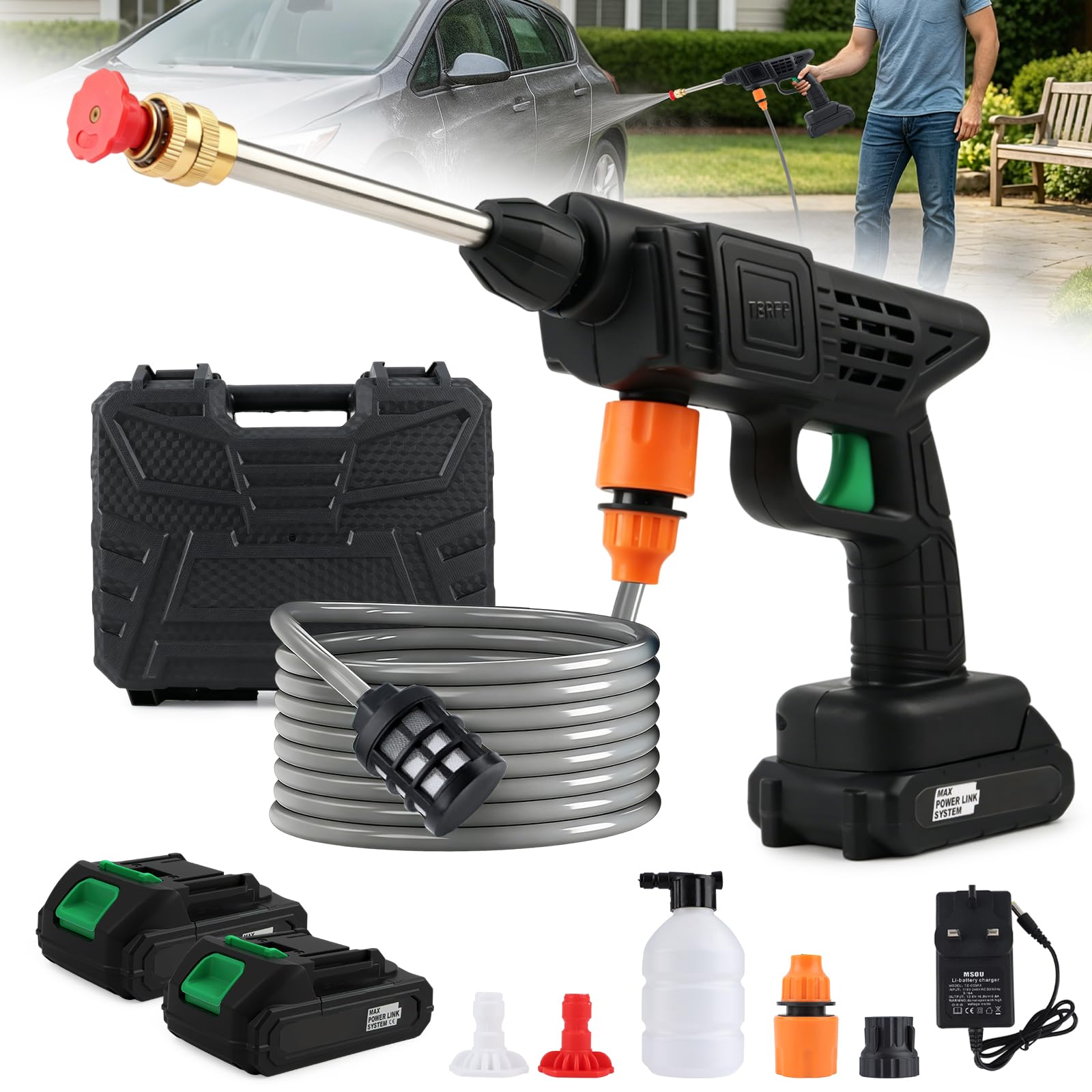 Cordless Pressure Washer, Portable Power Washer with 2 Batteries, 6-in-1 Nozzle, Foam Cannon & 16.5ft Hose,for Car, Patio, Home, and Yard Cleaning