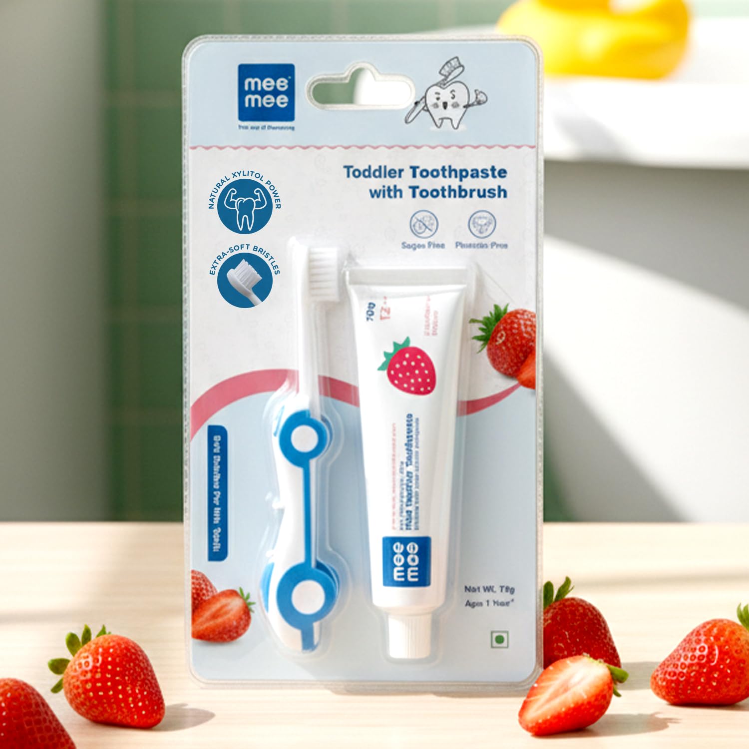 Mee Mee Kids Toothbrush & Toothpaste Combo | For Babies & Toddlers (6 Months–3 Years) | Fluoride-Free, Safe to Swallow, Strawberry Flavour, Soft Bristles, Foldable Car-Shaped Brush (Blue)