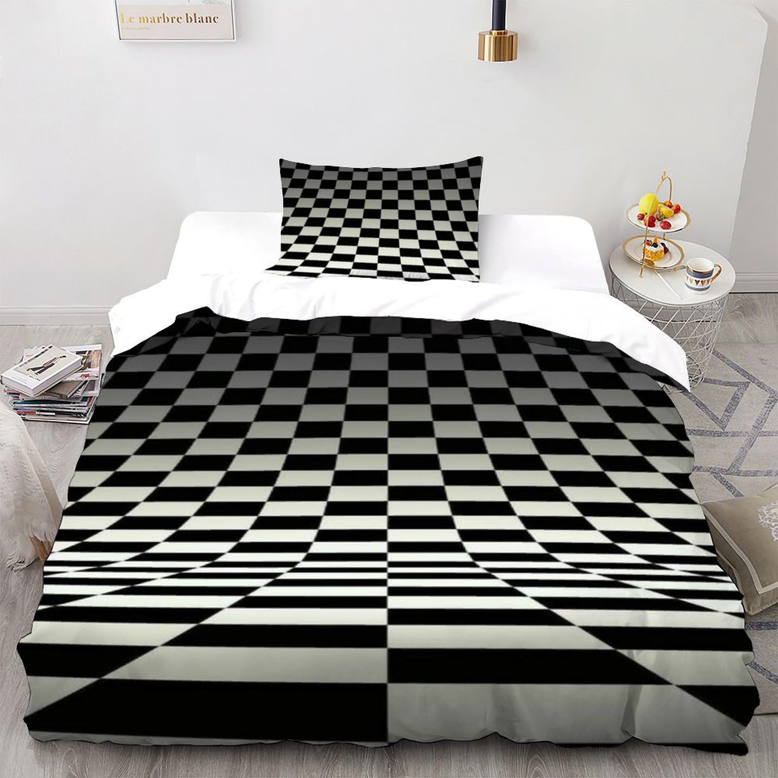 Housse de couette single noir et blanc 135x200 imprimé 3D avec taie d'oreiller