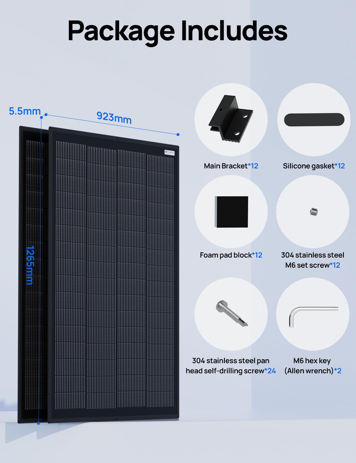 ECO-WORTHY Lekki panel słoneczny 400 W z uchwytem, 2 sztuki, monokrystaliczny moduł solarny 200 W, idealny do ładowania baterii, na balkon, do ogrodu, na kemping, łódź i dach domu