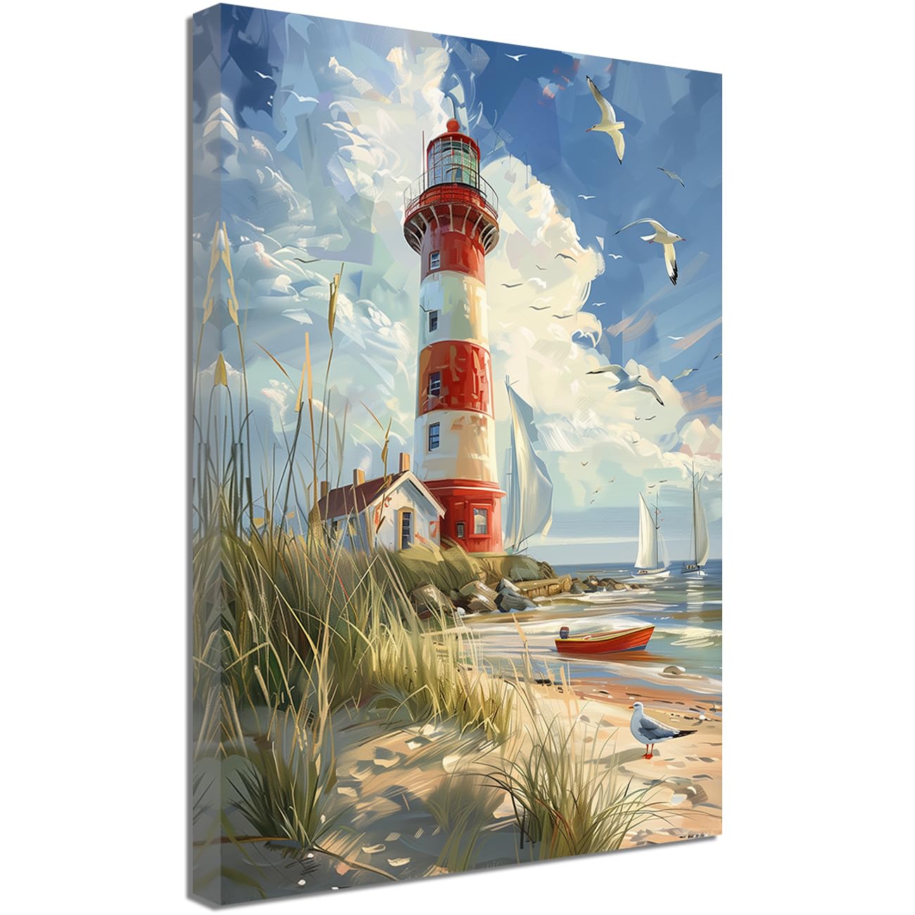 ZQQART Leinwandbild Leuchtturm Ozean rote Streifen Küstenbild Gemälde Strand Boot Möwen Kunstwerk Heimwanddekoration 60x90cm