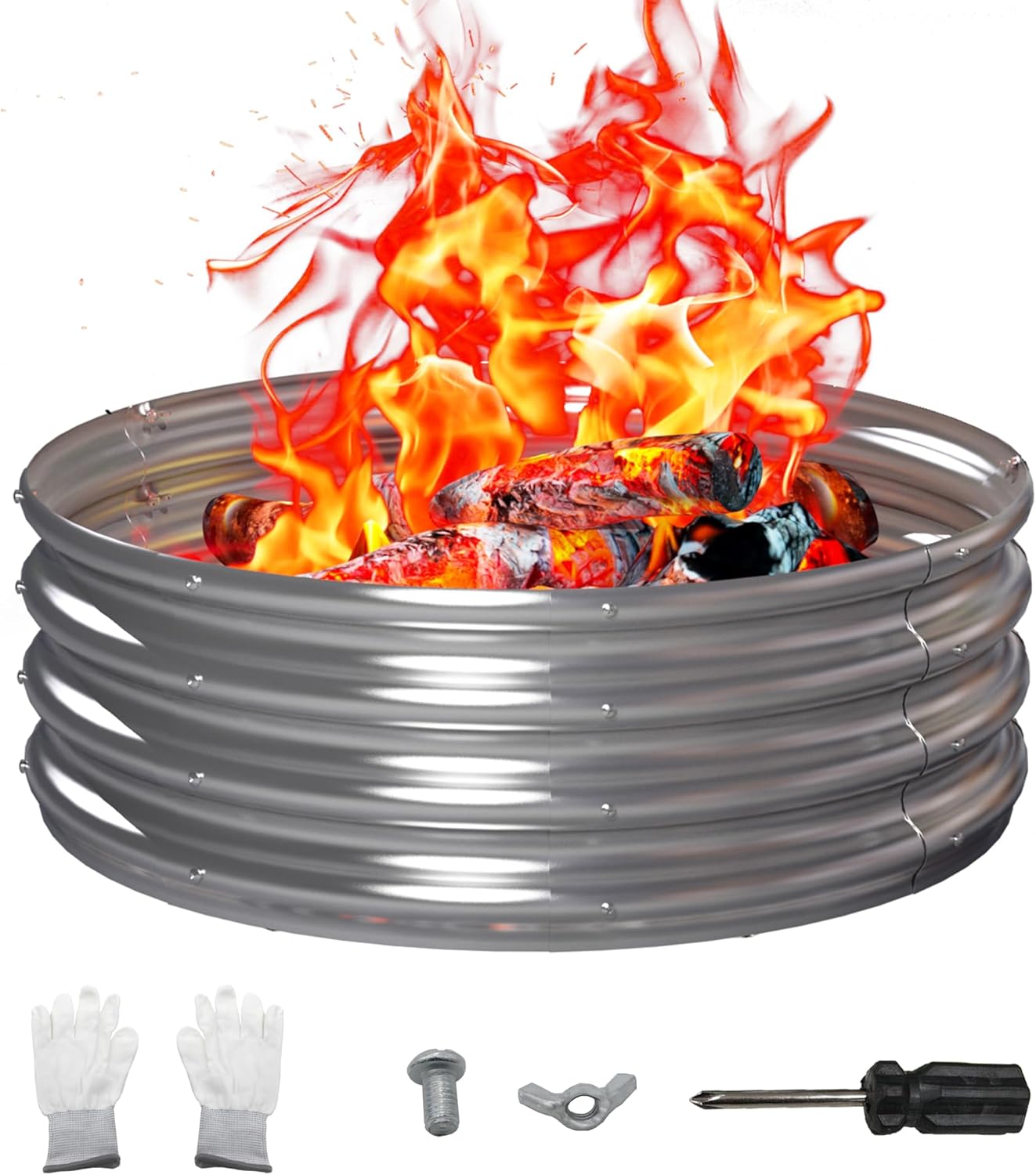 48 Inch Outdoor Fire Pit Ring, Round Galvanized Portable Fire Pit for Camping, Metal Steel Bonfire Fire Ring for Outside, Backyard
