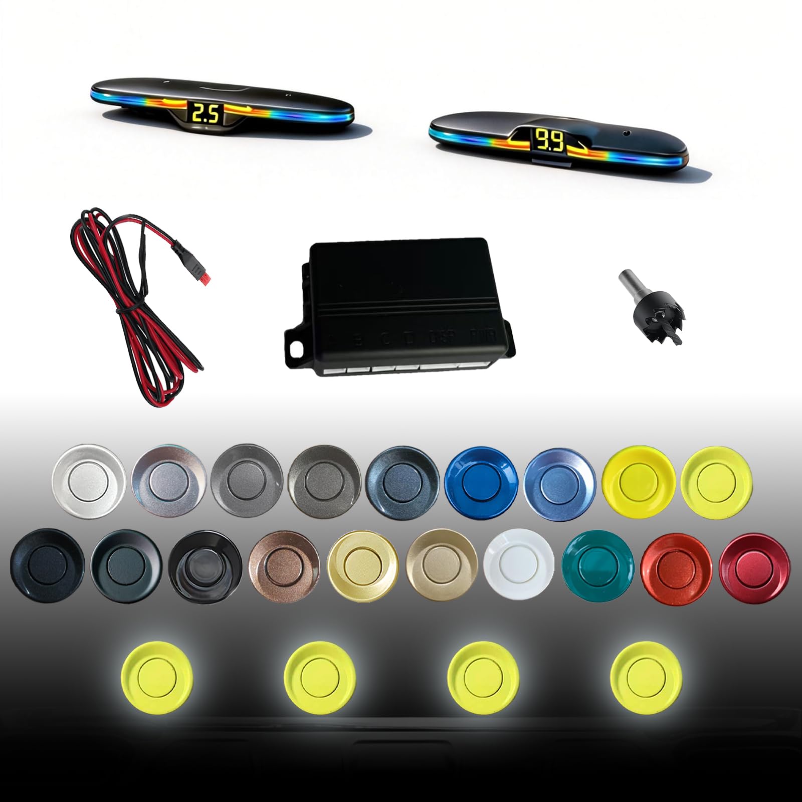 Parking Sensor kit New Feature Rear with Selectable Distance in Feet, Bidirectional Display Options, and Customizable Numeric Orientation and There are 20 Color Probes to Choose from(Light Yellow)