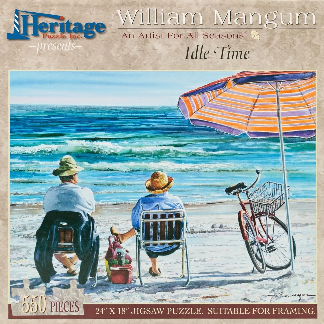 Heritage Puzzle - Idle Time by William Mangum 550 Piece Puzzles for Adults - Relaxing Beach Chairs & Ocean Surf Art - Frameable Jigsaw Puzzle 18" x 24" Finished Size
