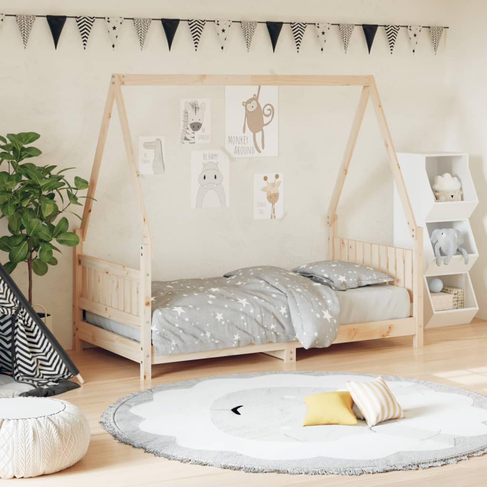 Holz Kinderbett Hausform | Massives Kiefernholz | 80x160 cm Matratze | Für Kinder ab 4 Jahren Model834504