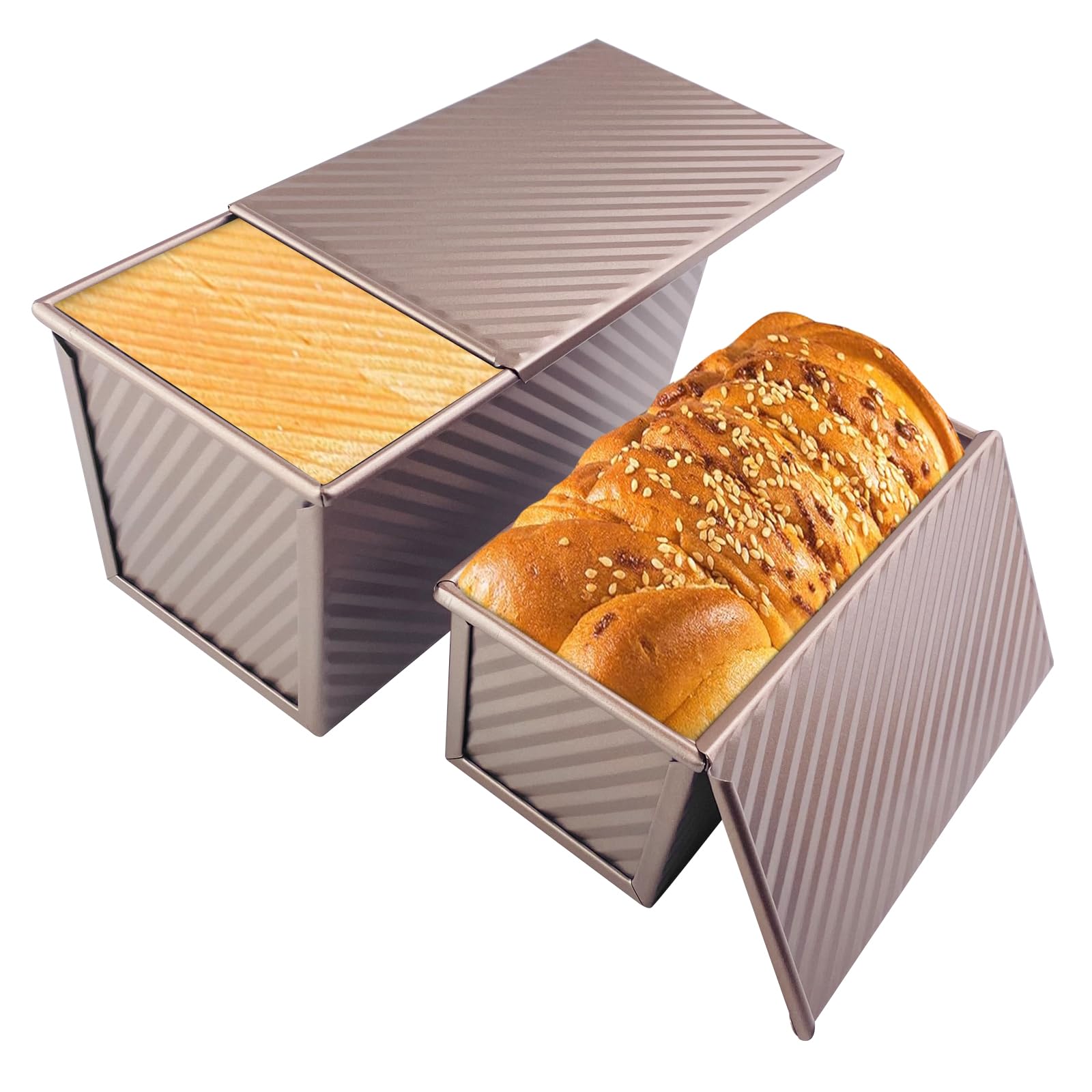 Lot de 2 Moule Pain de Mie avec Couvercle Coulissant, Moules a Brioche Anti-Adhésif en Acier Carbone, Boîte à Toast Plate Rectangulaire, pour Cuisson Gâteaux, Pains, Pâtisseries (Or Rose)