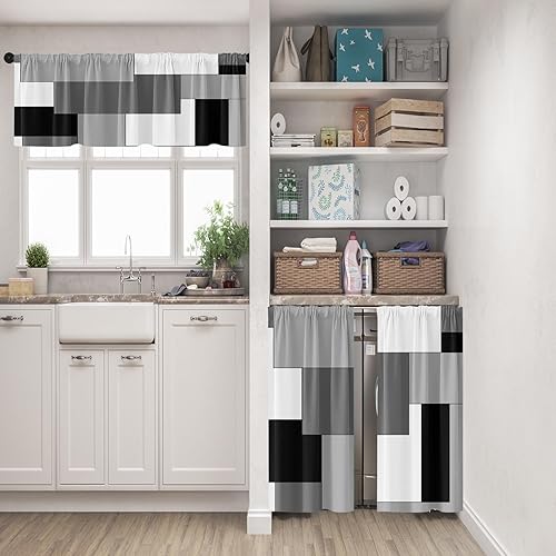 Miniatura 2 de Cortinas de Ventana de Cocina Negro Gris Juego de Cenefa y Niveles, Gris Oscuro Blanco Cortina de Nivel Corto Moderna con Bolsillo para Barra,