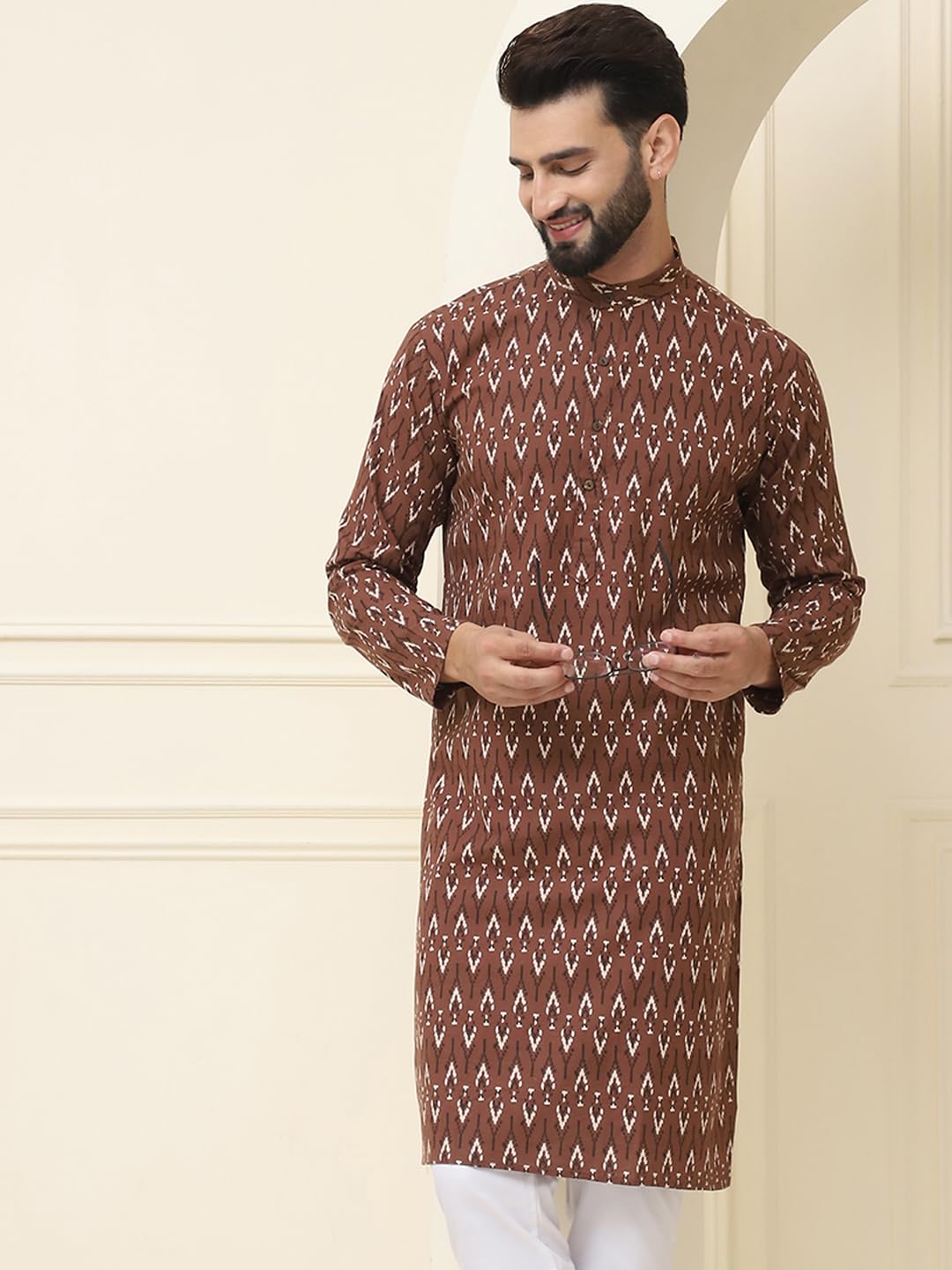 Sojanya (Since 1958 Men's Pure Cotton Brown & Cream Printed Only Long Kurta