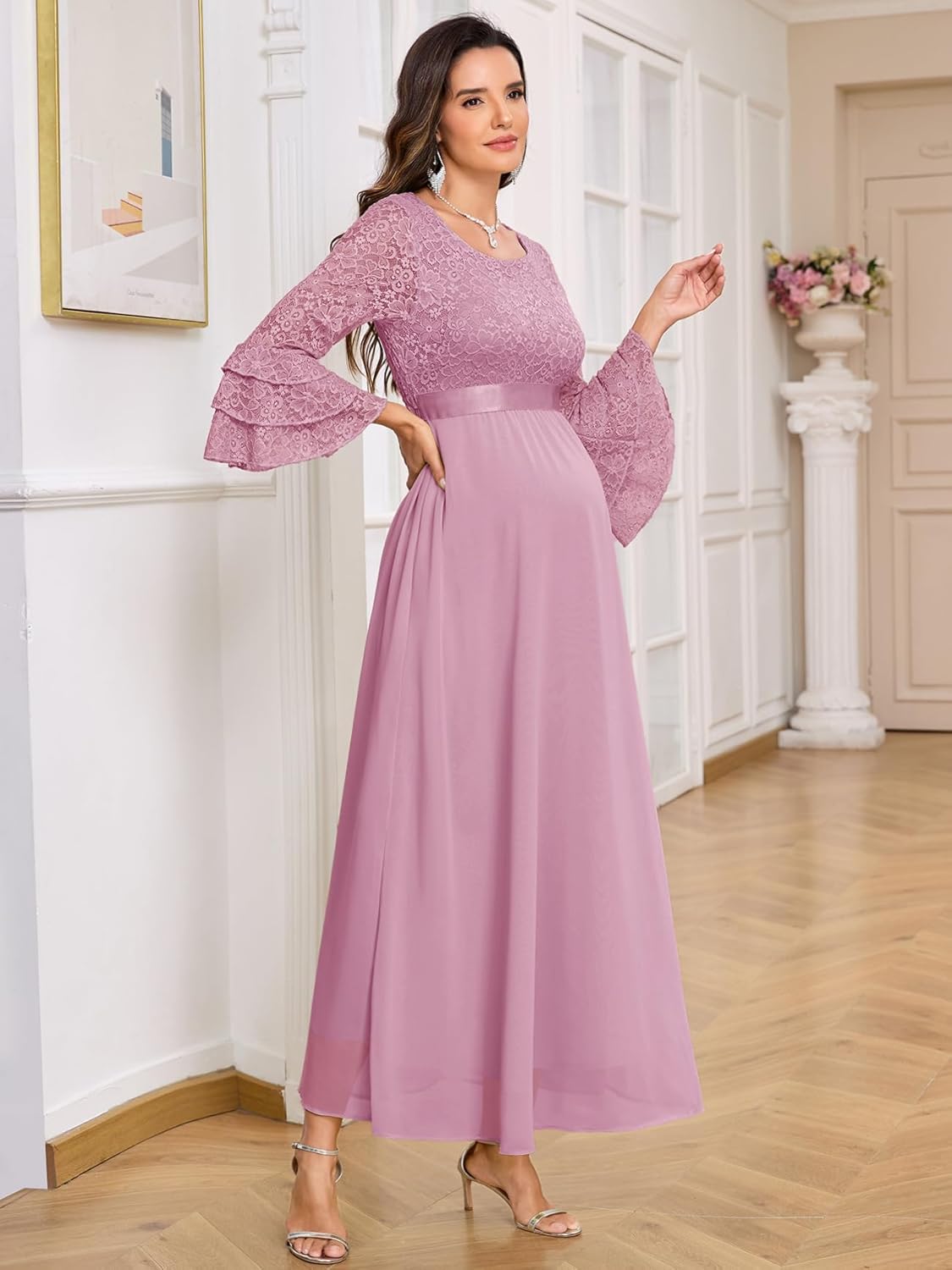 CYCLAMEN Floral Lace Maternity Maxi Dress Ruffle Bell Sleeves Crew Neck Elegant Chiffon Evening Gown Baby Shower Wedding - Image 5