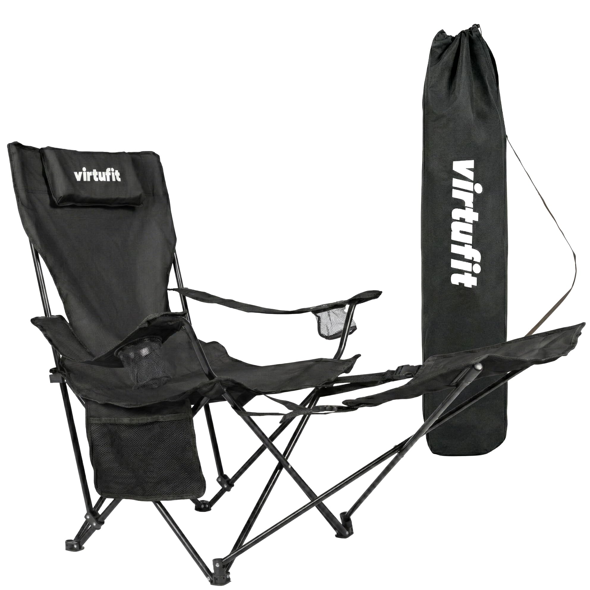VirtuFit Faltbarer Campingstuhl mit Fußstütze Schwarz – Klappbarer Strandstuhl mit Armlehnen und Getränkehalter – Bequemer Outdoor Stuhl für Camping, Garten, Festival und Strand
