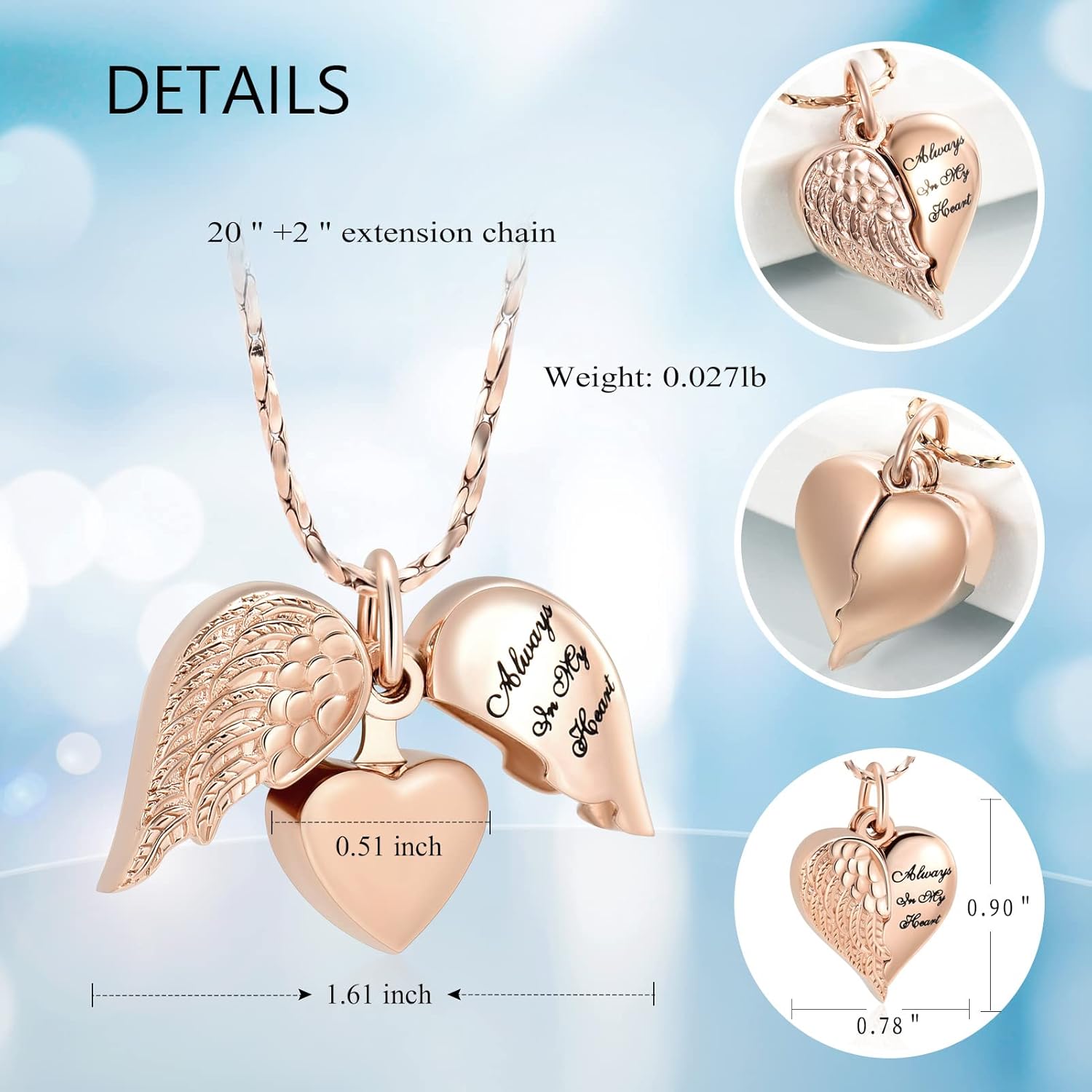 Imrsanl Cremation Jewelry for Ashes Heart Urn Necklace Pendants Ashes for Women Men Family Keepsake Memorial Angel Wing with Charm Heart for Loved Ones - Image 2