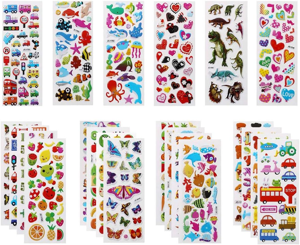 3D Stickers for Kids, 22 Variety Sheets 600+ Puffy Stickers, Children Sticker for Party Rewarding Gifts Scrapbooking Including Animals Fish Dinosaurs Numbers Fruits Trucks for 3+ Years