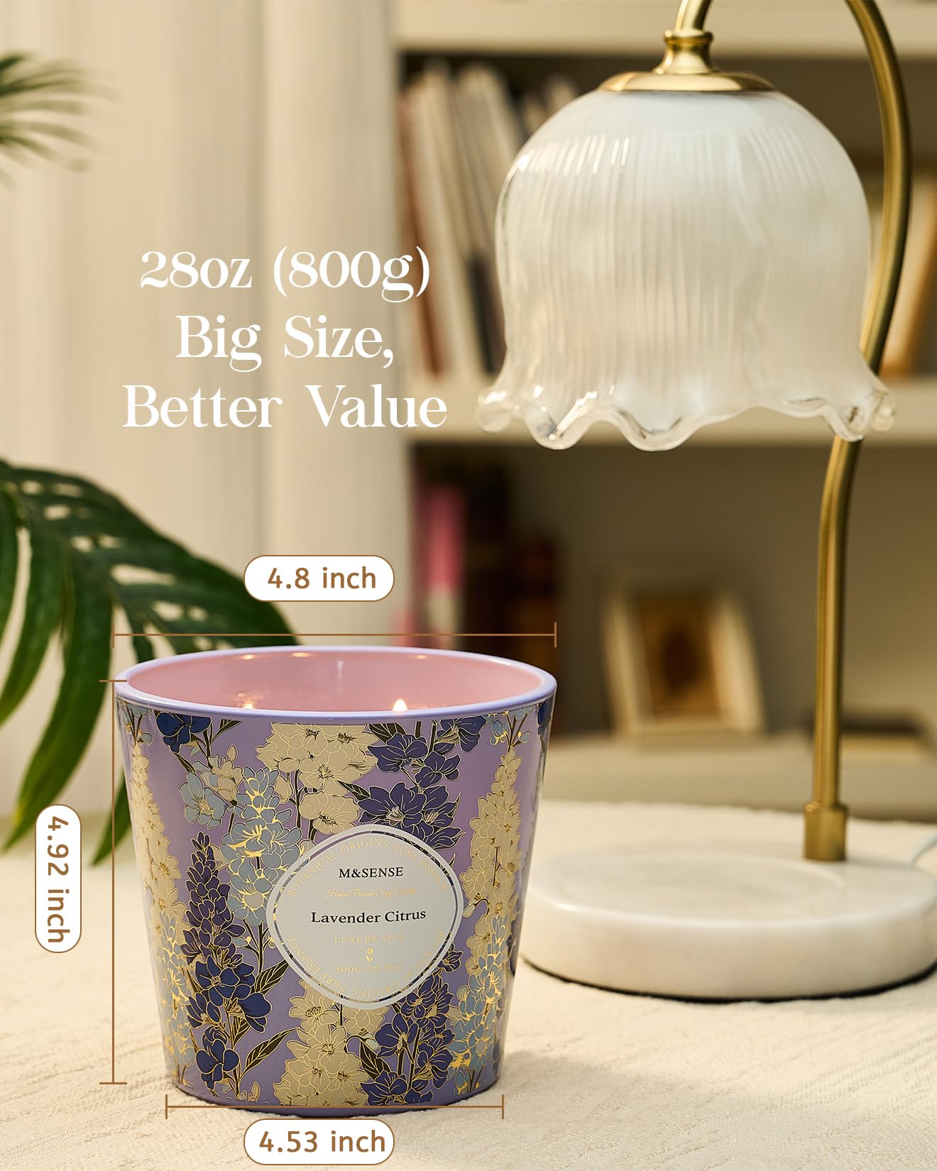 M&SENSE Vela perfumada de cítricos de lavanda, 800 g, cera de soja natural de 3 mechas, vela grande, larga duración, limpia, combustión lenta, sin toxinas, decoración para el hogar, relajación, citas