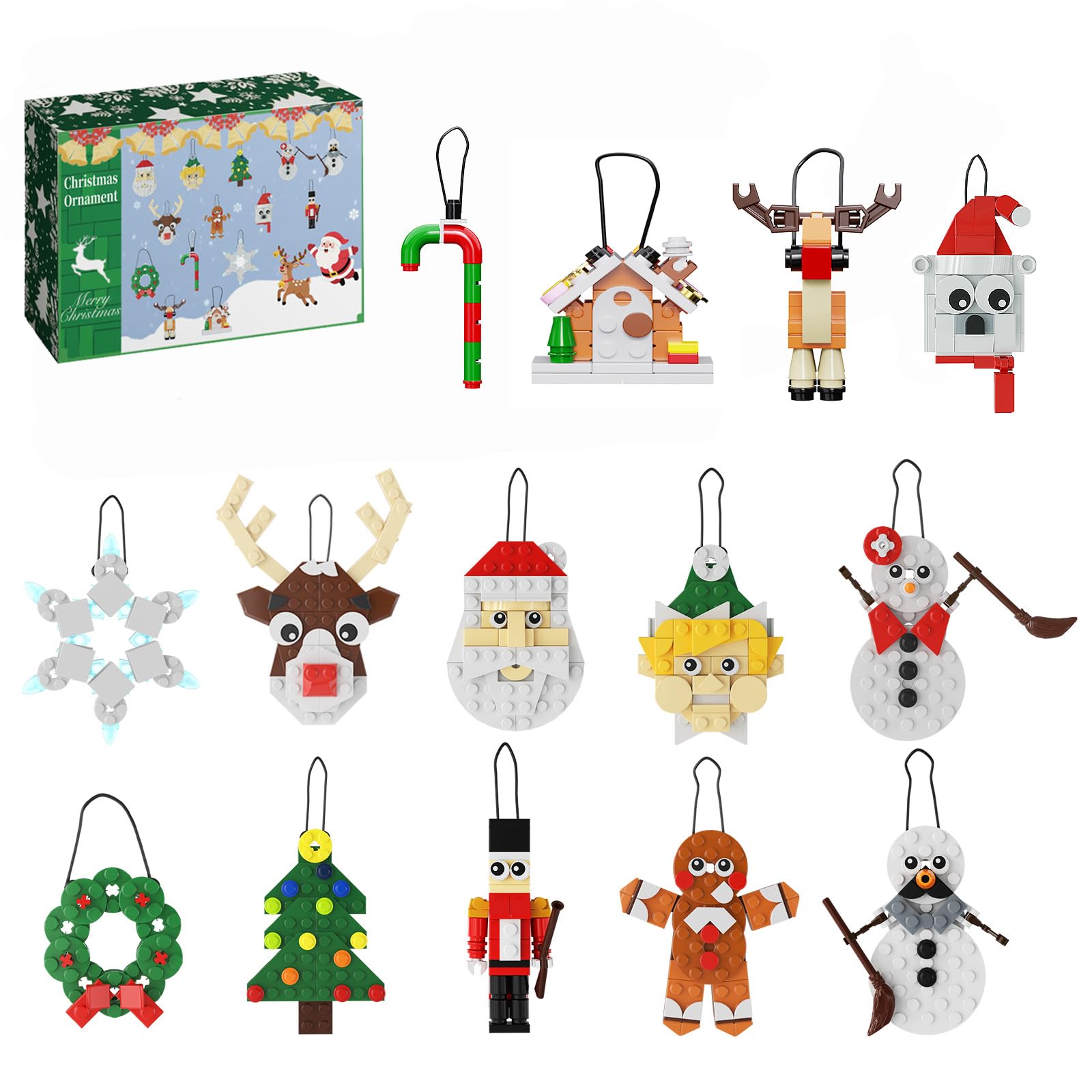 Christmas Tree Ornaments Building Bricks Kit, 14-in-1 Decorative Hanging Ornaments Building Toys Santa, Snowman, Gingerbread