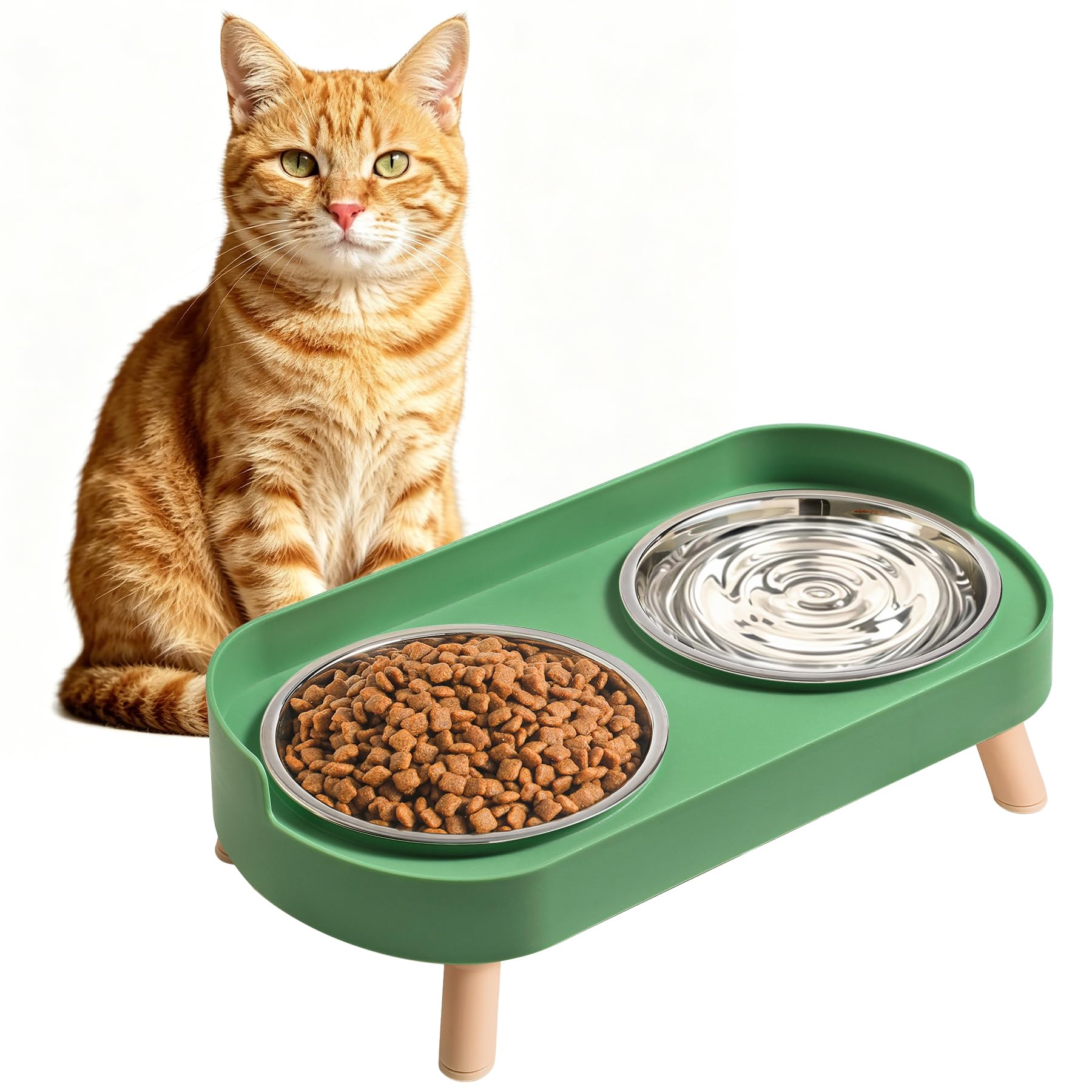 LoeJan Elevated Cat Bowls Set - Raised Cat Food and Water Bowl Set with Non Slip Stand - Pet Feeding Station with 2 Stainless Steel Bowls with Splash Proof Guard