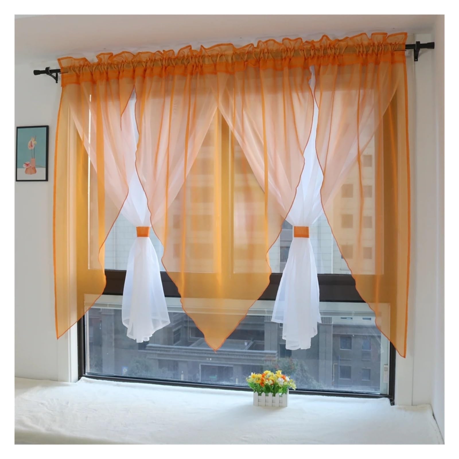 MKYYIOED Short Curtains Solid Voile Veil Livingroom Balcony Bedroom Curtain Sheer Short Kitchen Window Treatments(Orange,ROD-POCKET_W300CM X H140CM)