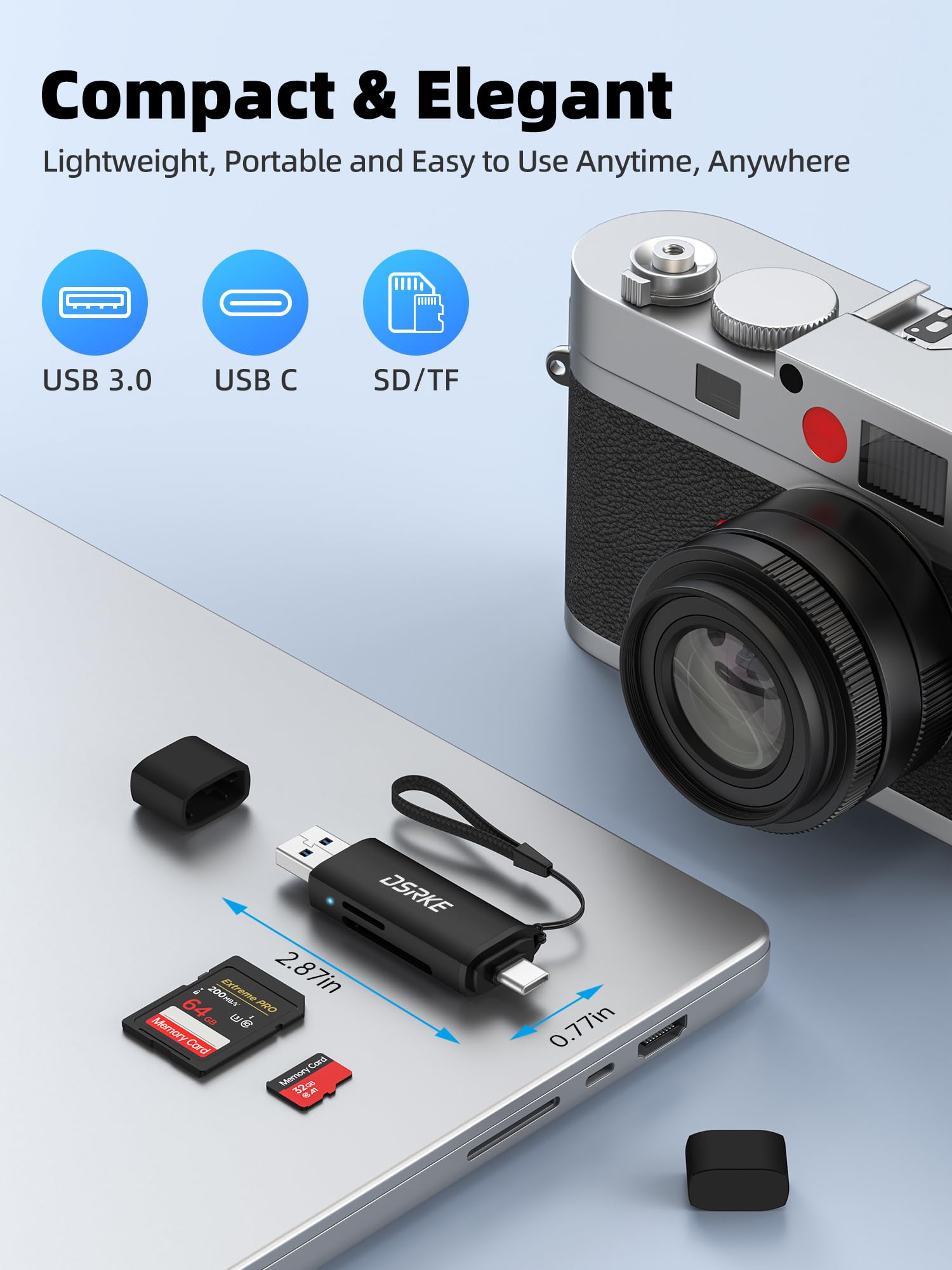 Czytnik Kart SD USB C & USB 3.0, 2-w-1 Aluminiowy Adapter Kart Pamięci kompatybilny z iPhone 17 16 15, Galaxy S26 S25, MacBook, iPad, Android, Zewnętrzny Adapter SD Micro SD UHS-I, Czarny