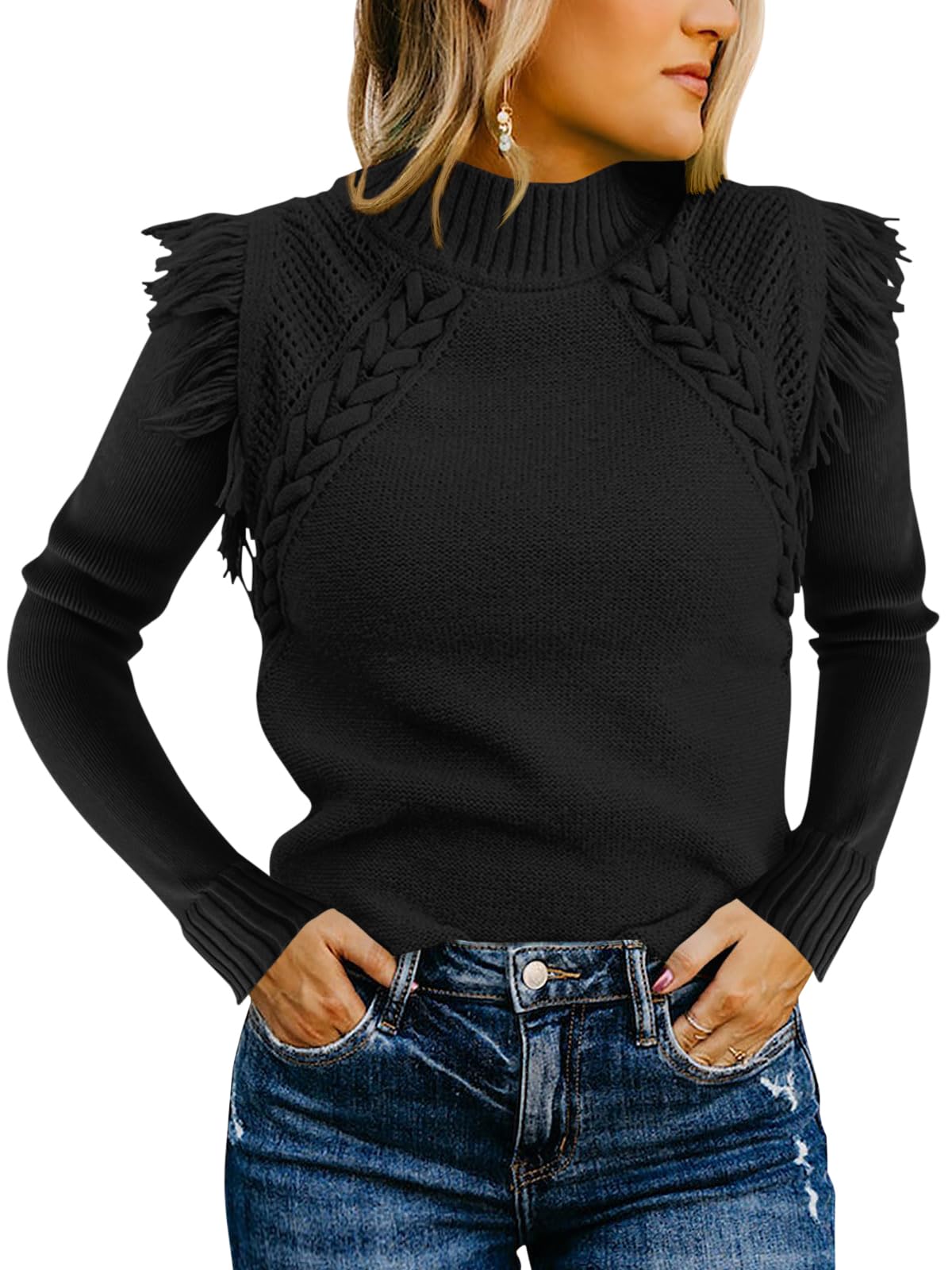 Womens Sweaters Fall Winter 2025 Trendy Mock Neck Fringe Tops Cable Knit Pullover Western Outfit