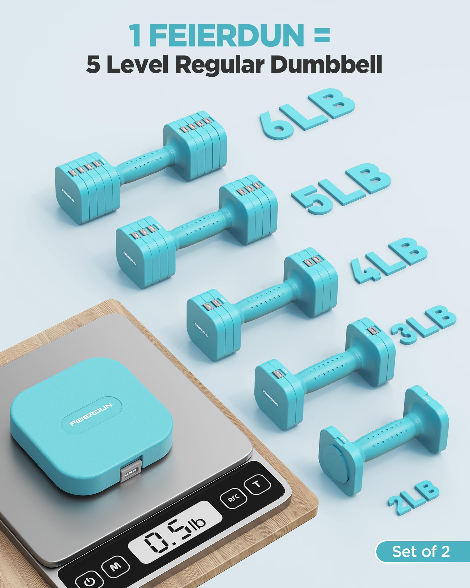 FEIERDUN Set di 2 manubri regolabili 5 in 1, pesi a mano da 5,4 kg/2,7 kg, per donne, set di manubri a doppia stabilità, 1s, per casa, palestra e attività all'aperto, blu