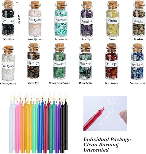 Miniatura 3 de JUSTASHOW 61 piezas de suministros de brujería para hechizos wiccanos, kit de iniciación de brujería, velas de hechizo, cristales de hierbas secas,