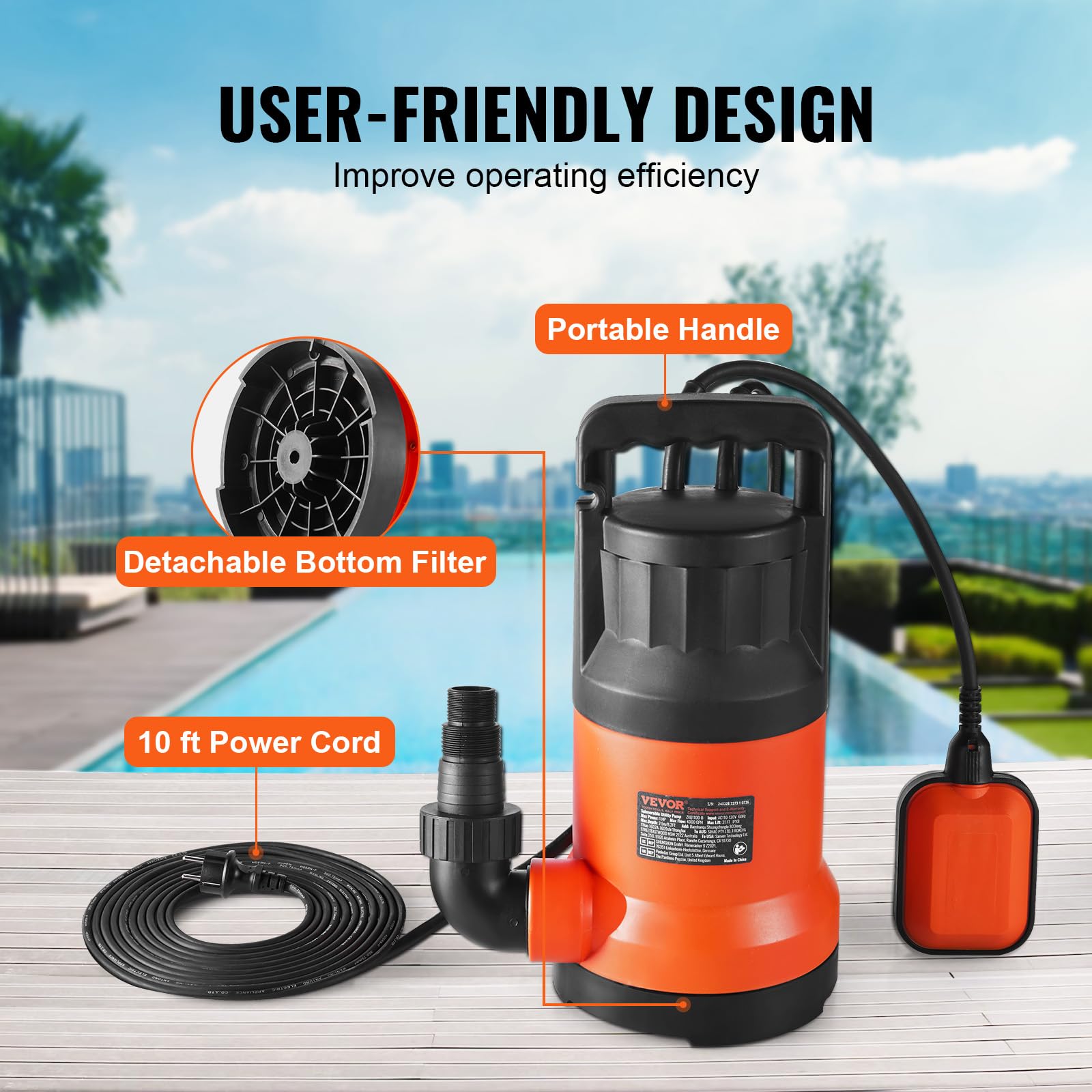 VEVOR Bomba Utilitaria Sumergible, 400 W, 9500 L/H de Alto Flujo, Cabezal de 7,9 m, Bomba Sumergible de Sumidero con Cable de Alimentación Largo para Drenar Agua de Piscina, Jardín, Estanque, Sótano
