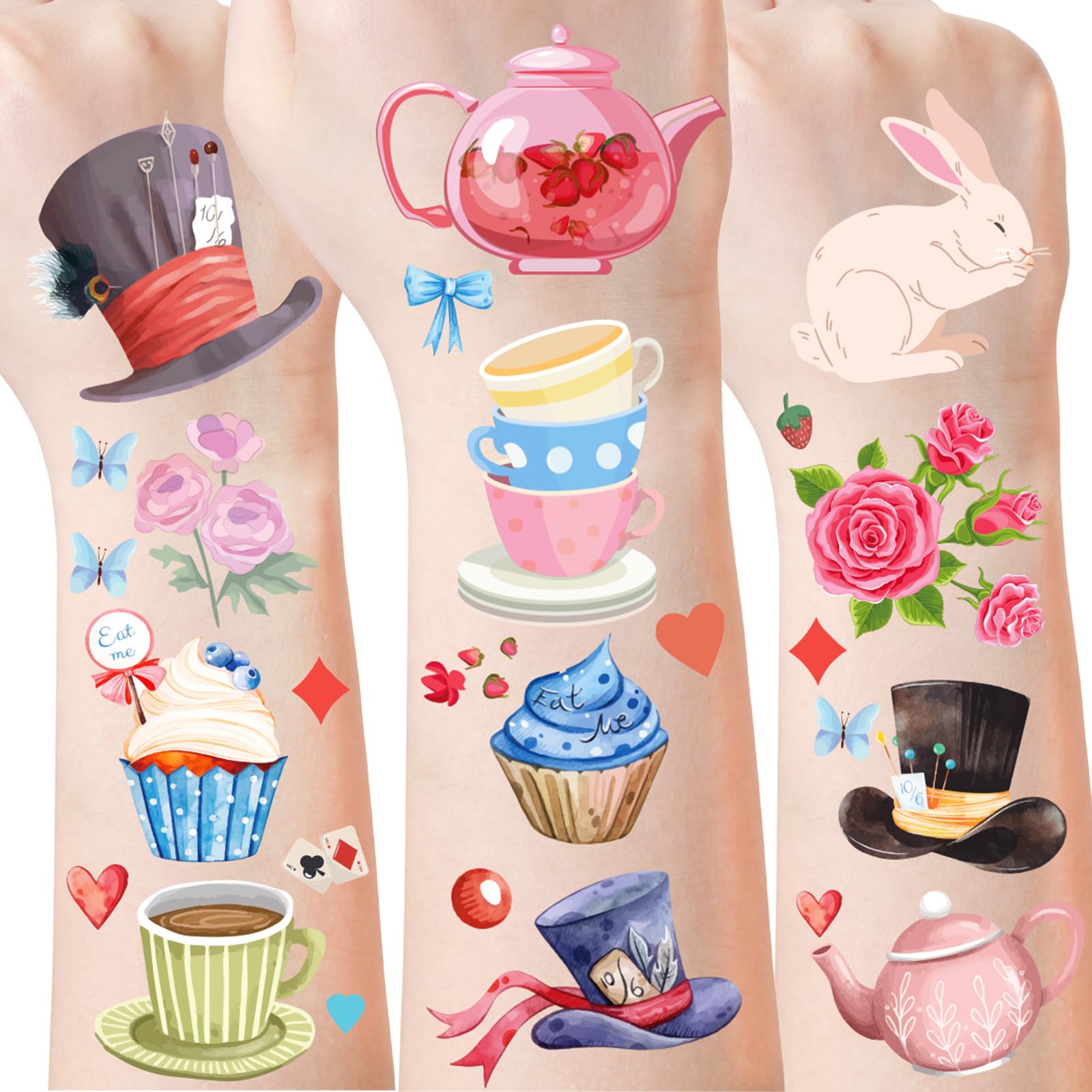 Tea Party Temporary Tattoos Stickers - 8 Sheets 400+ Pcs Fairy Wonderland Adventures Cute Floral Teapot Teacup Tattoo Stickers for Onederland Tea