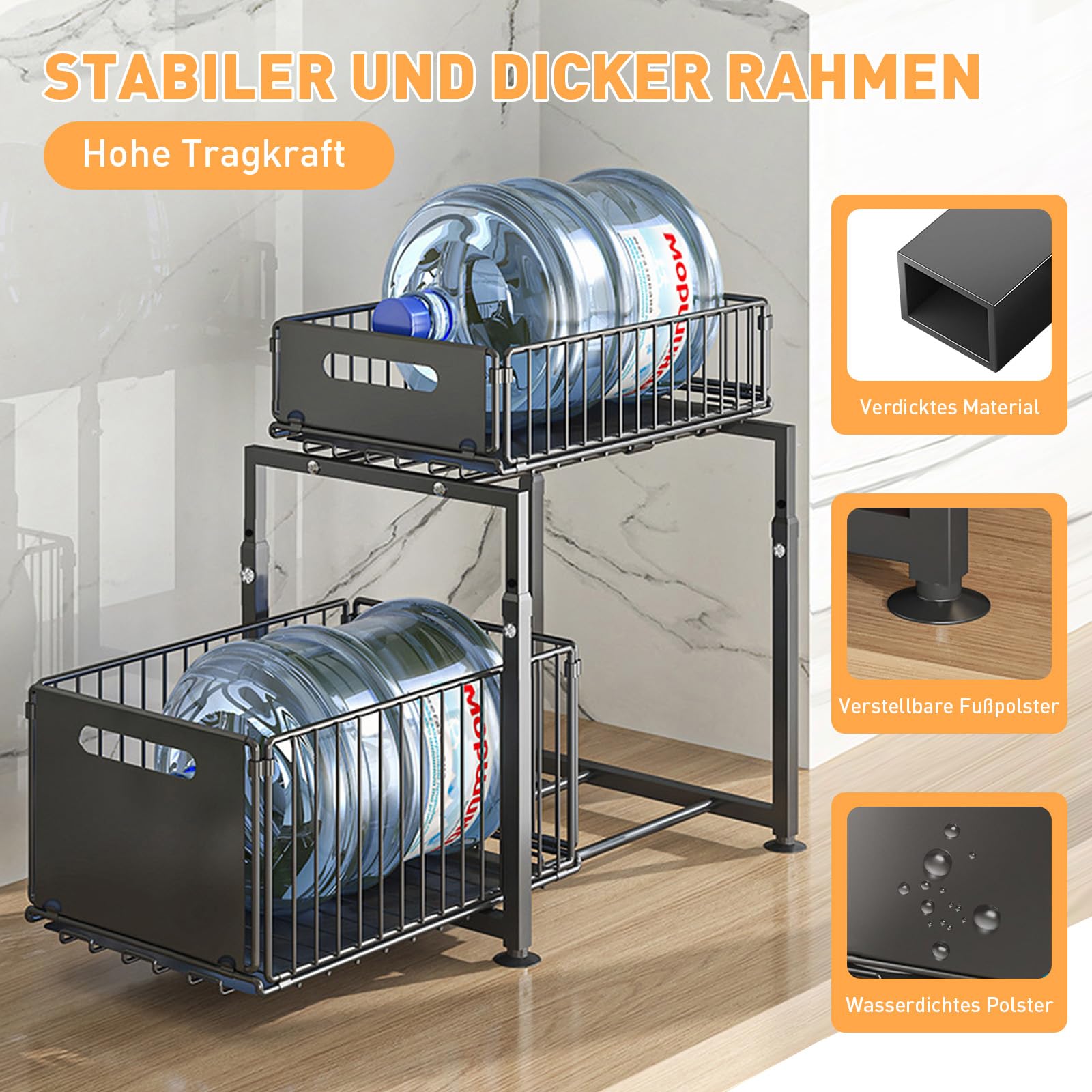 Unterschrank Organizer Küchenschrank mit 2 Etagen Küchenregal Arbeitsplatte Metall Unterspüle für Badezimmer, Anhebbares Mehrfunktional Gewürzregal Standregal