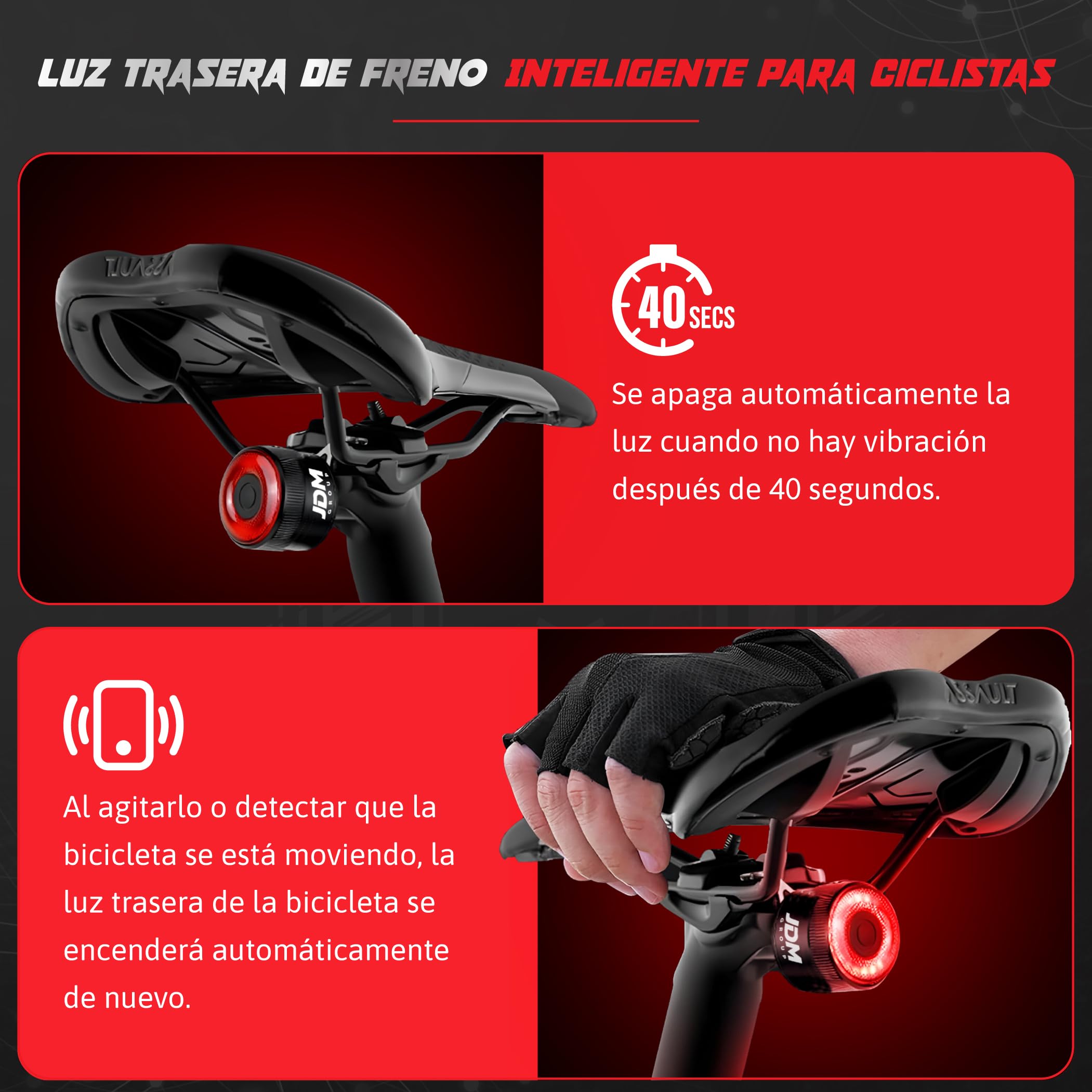 Fanalino Posteriore Bicicletta Potente LED da 300 Lumen ad Alto Splendore - con Sensore di Frenata Intelligente e Auto On/Off - Ricaricabile USB - 5 Modalità - Batteria da 450 mAH