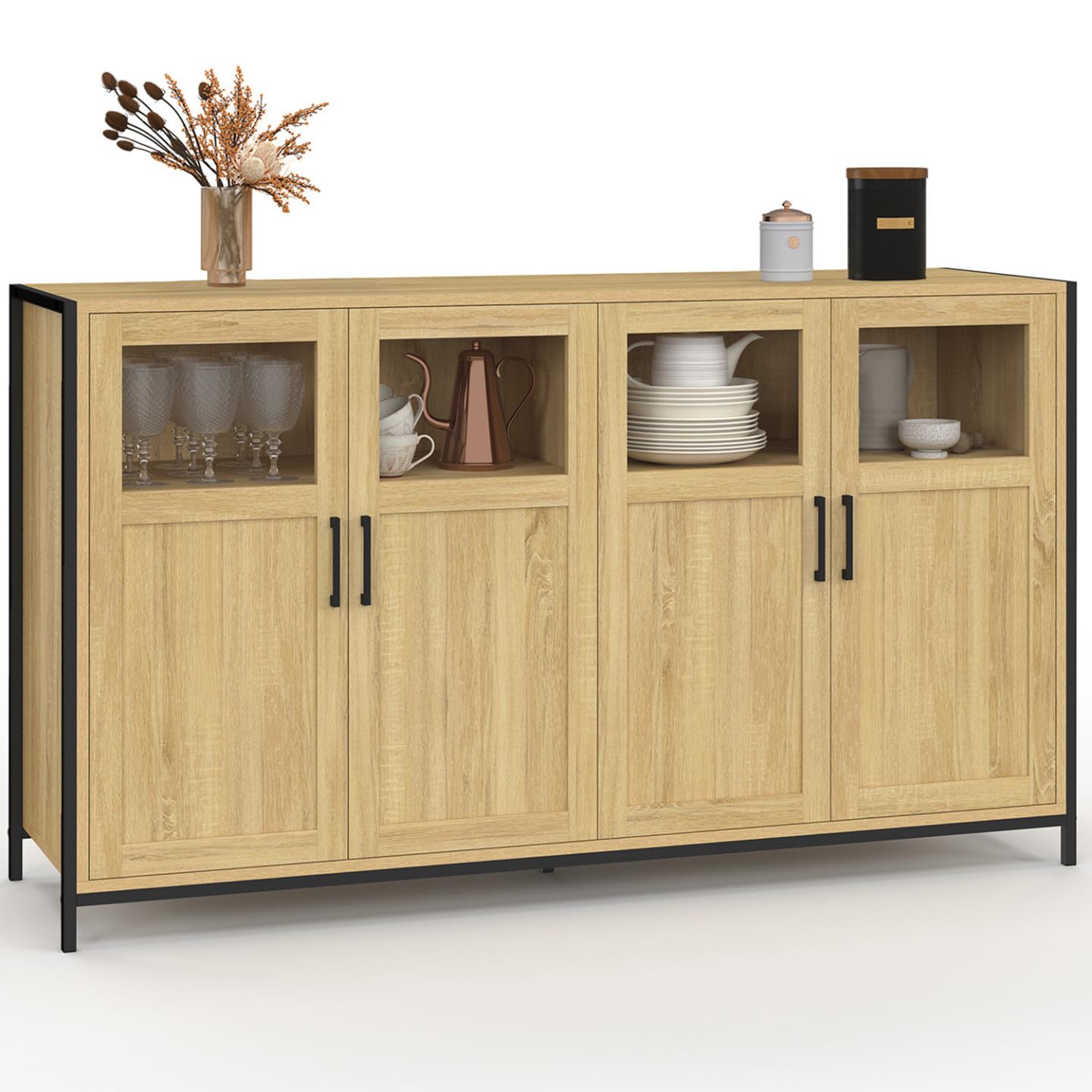 IDMarket - Aparador de 140 cm Detroit 4 puertas con vitrinas de diseño industrial