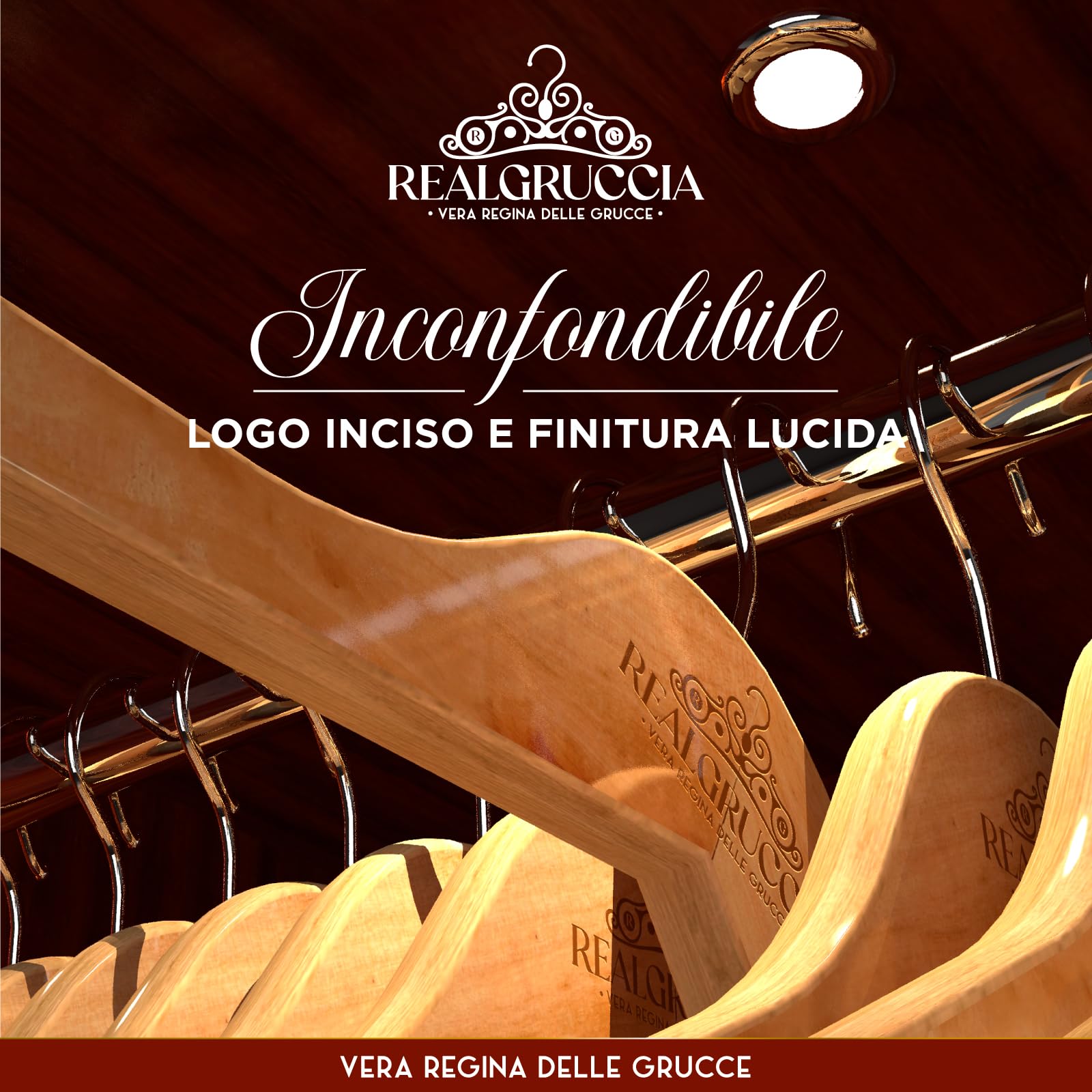 40 Grucce Appendiabiti in Legno Naturale per Vestiti Abiti Giacche Camicie - RealGruccia Barra porta Pantaloni Tacche Antiscivolo e Gancio Girevole 360° - Finitura Lucida e Profilo Smussato - 22x45cm