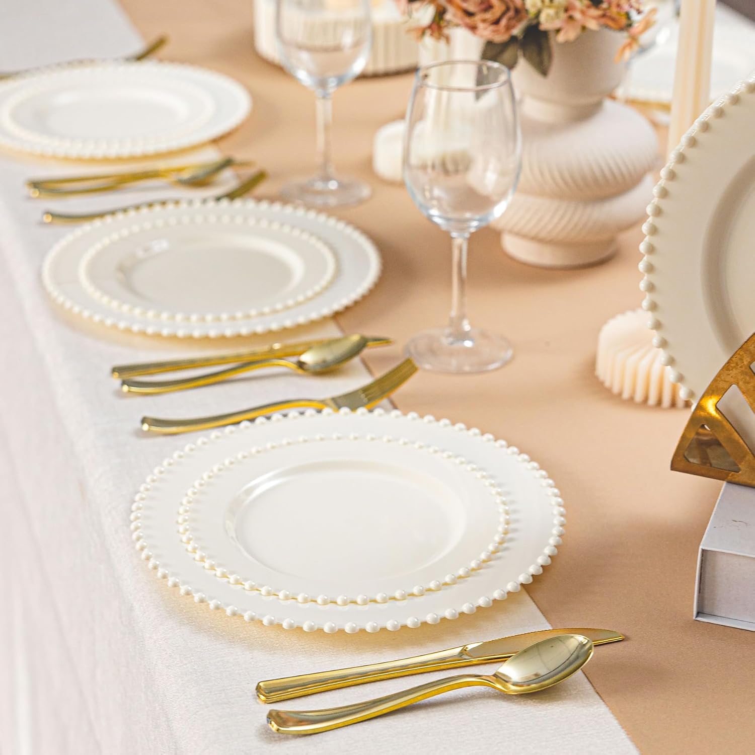 150PCS Ivory Plastic Plate Dinnerware Set, 30 Guests Disposable Beaded Edge Plates, 30 Dinner and 30 Dessert Plates, 90 Gold Silverware for Party, Wedding