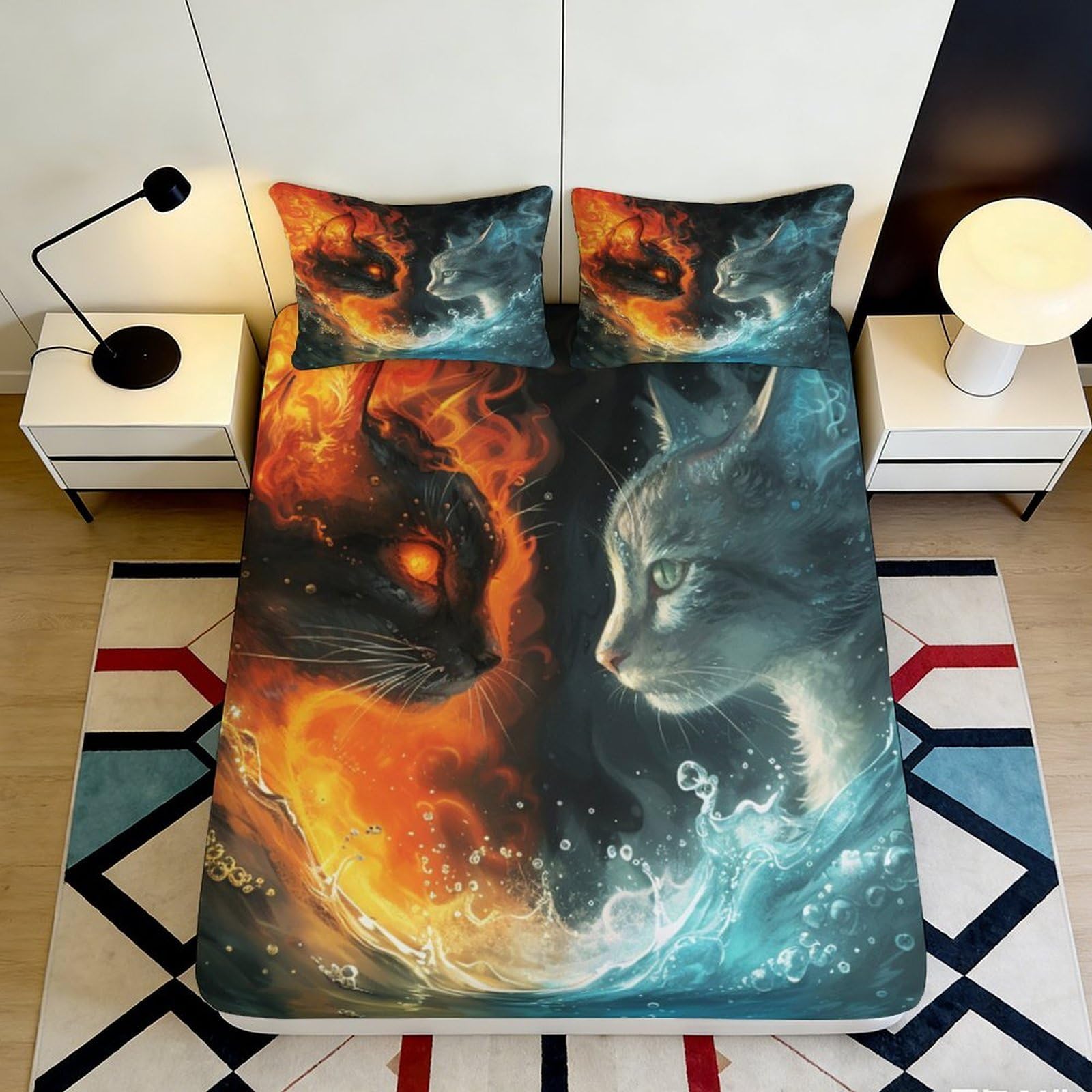 3D Printed Fire Cat Fitted Sheet Microfiber Soft Breathable Water Cat Mattress Cover for Bedroom Dorm Decor 90x200x25cm