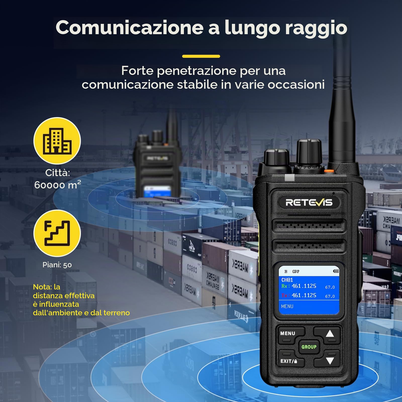 Retevis NR630S Walkie Talkie Lunga Distanza, Ricetrasmittenti Impermeabili IP67, Riduzione del Rumore AI da 2800 mAh, Chiamata di Gruppo LCD, Walkie Talkie Professionali per Logistica (Nero, 1 Pezzi)