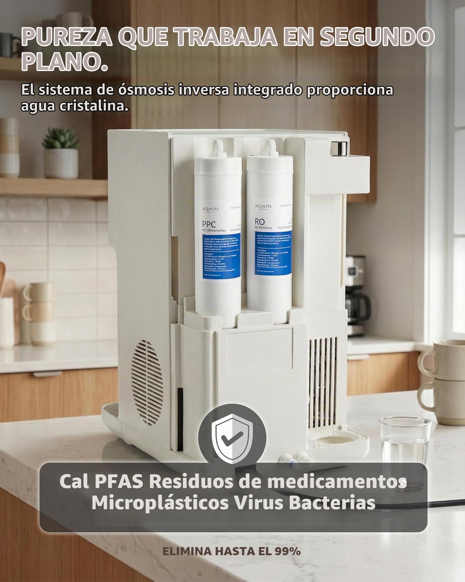 Dispensador de Agua Aqmos Drinking Blanco – Sistema Premium Todo en uno con Agua con Gas y sin Gas, Caliente y fría (5–95 °C), ósmosis inversa integrada, Control táctil, para Cocina y Oficina