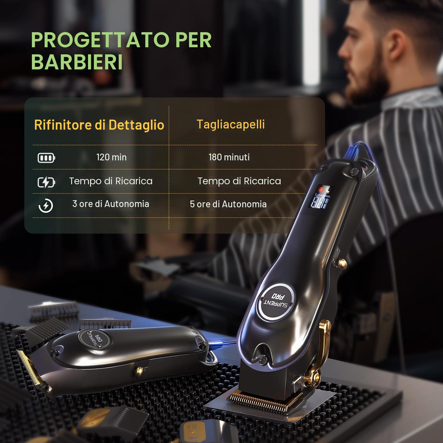 SUPRENT® Tagliacapelli professionale da uomo, kit di taglio di capelli e tagliacapelli a lama a T Zero Gap, set di trimmer per barbiere senza fili con display a LED (Nero)