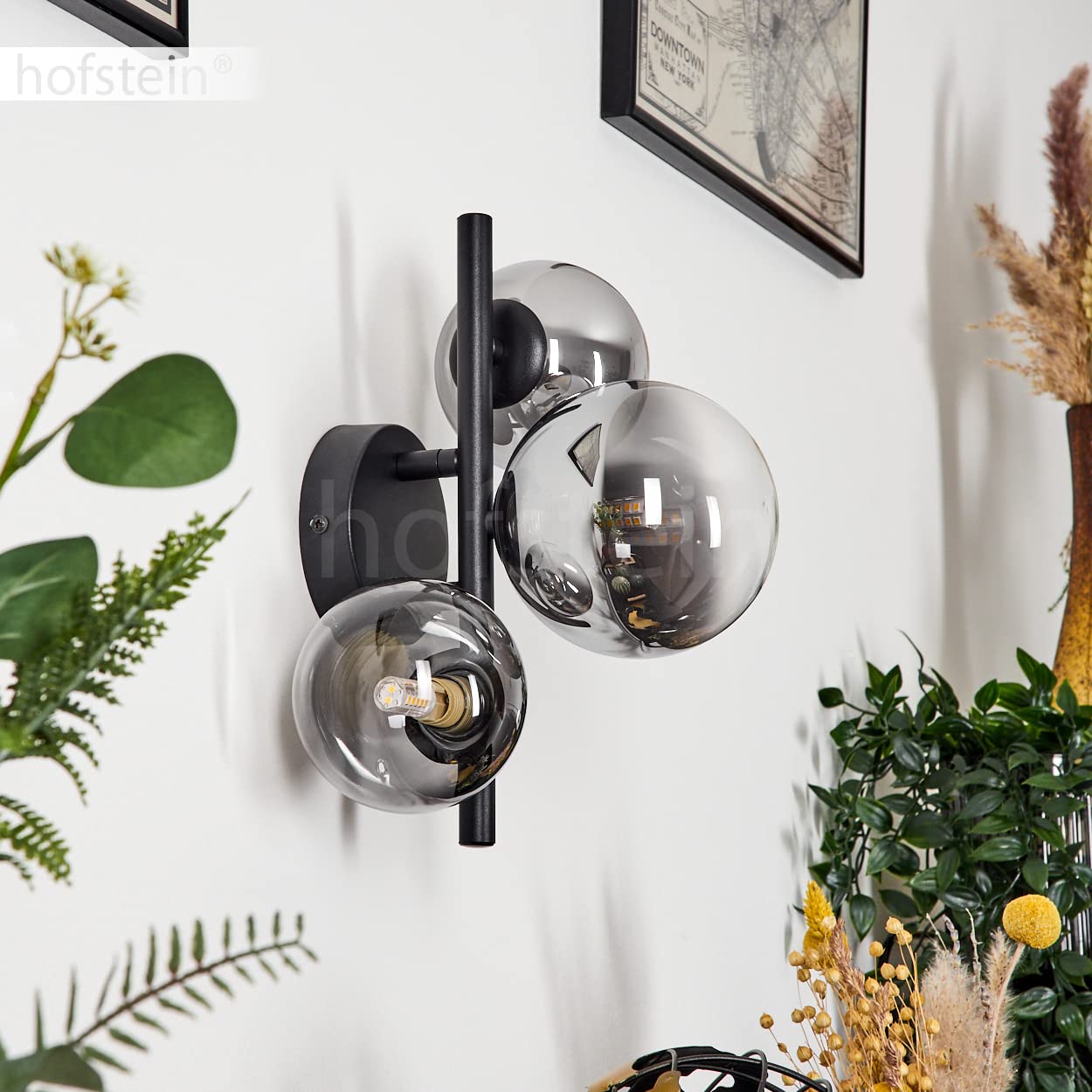 HOFSTEIN Wandleuchte Chehalis, Wandlampe aus Metall/Glas in Schwarz/Rauchfarben, Leuchte im modernen Design, mit runden Schirmen aus Glas, 3-flammig, 3 x G9, Wohnzimmer, Schlafzimmer, Esszimmer