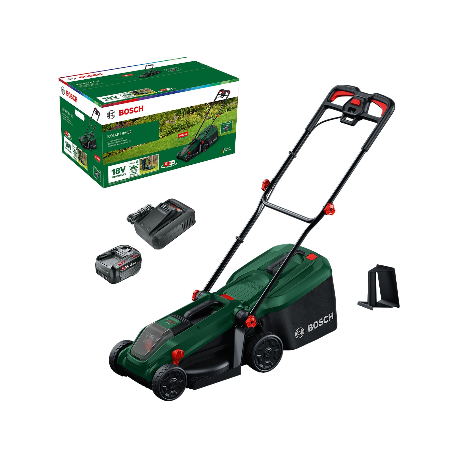 Bosch ROTAK18V-32 Cortacésped de batería (Ancho de Corte: 32 cm, Altura de Corte: 25-65 mm, Bolsa de Tela de 35 l, tapón de mantillo, Incluye batería y Cargador)