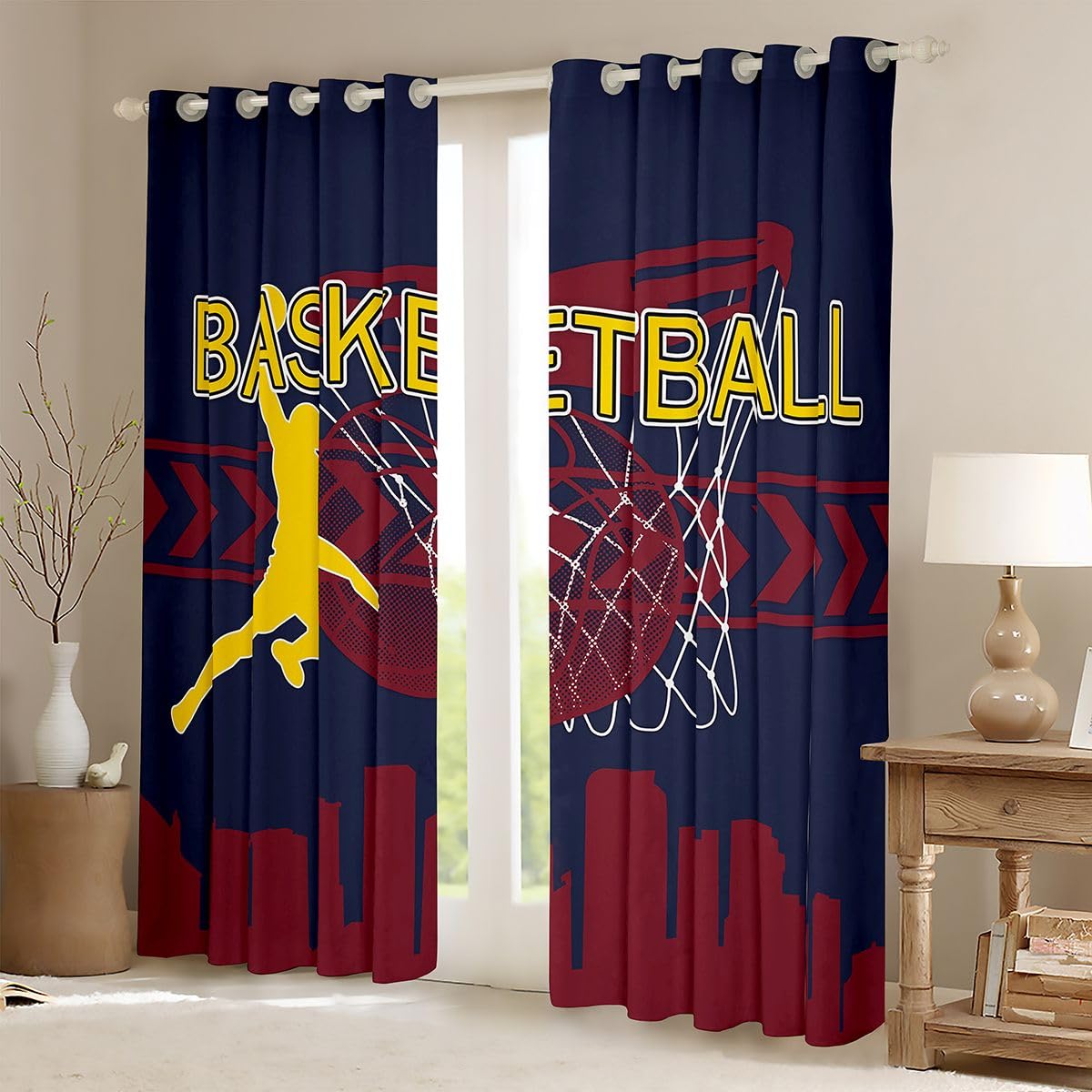 Manfei Juego de 2 cortinas de baloncesto para ventana, diseño de silueta de ciudad americana, cortinas deportivas de moda para niños, adultos, niños, adolescentes, dormitorio juvenil, 66 pulgadas de