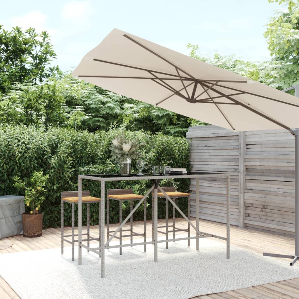 vidaXL Mesa Alta Bar con Superficie Vidrio ratán PE Gris 180x70x110 cm, Mesa de Fiesta, Mesa de Pub, Mesa de Barra de Desayuno, Mesa Bistro