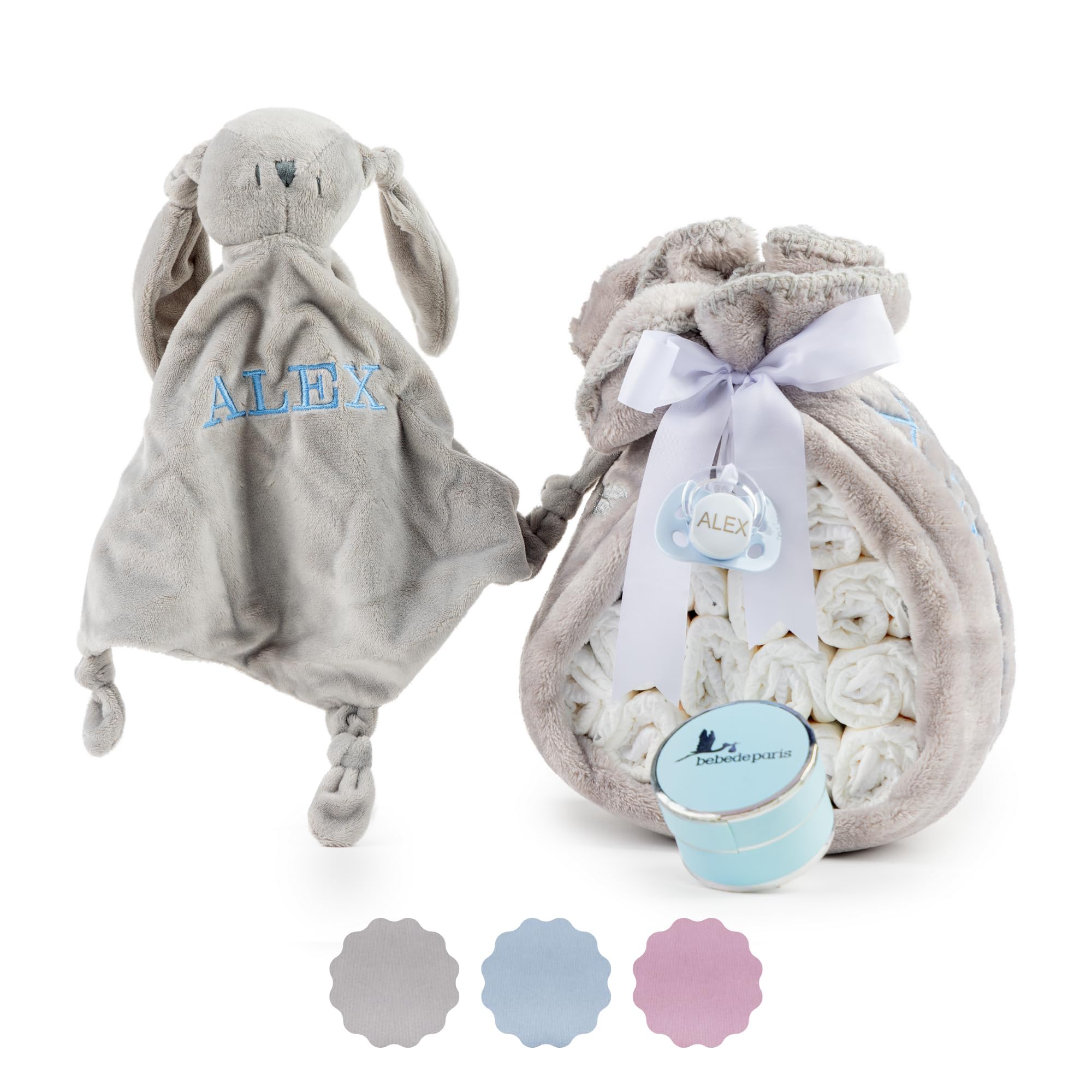 Tarta de Pañales para Recién Nacida + Manta Gris Bordada con nombre + 15 pañales Moltex Premium | ecológicos | Talla 2 (3 a 6 Meses) + Chupete Personalizado (Azul) | BebeDeParis